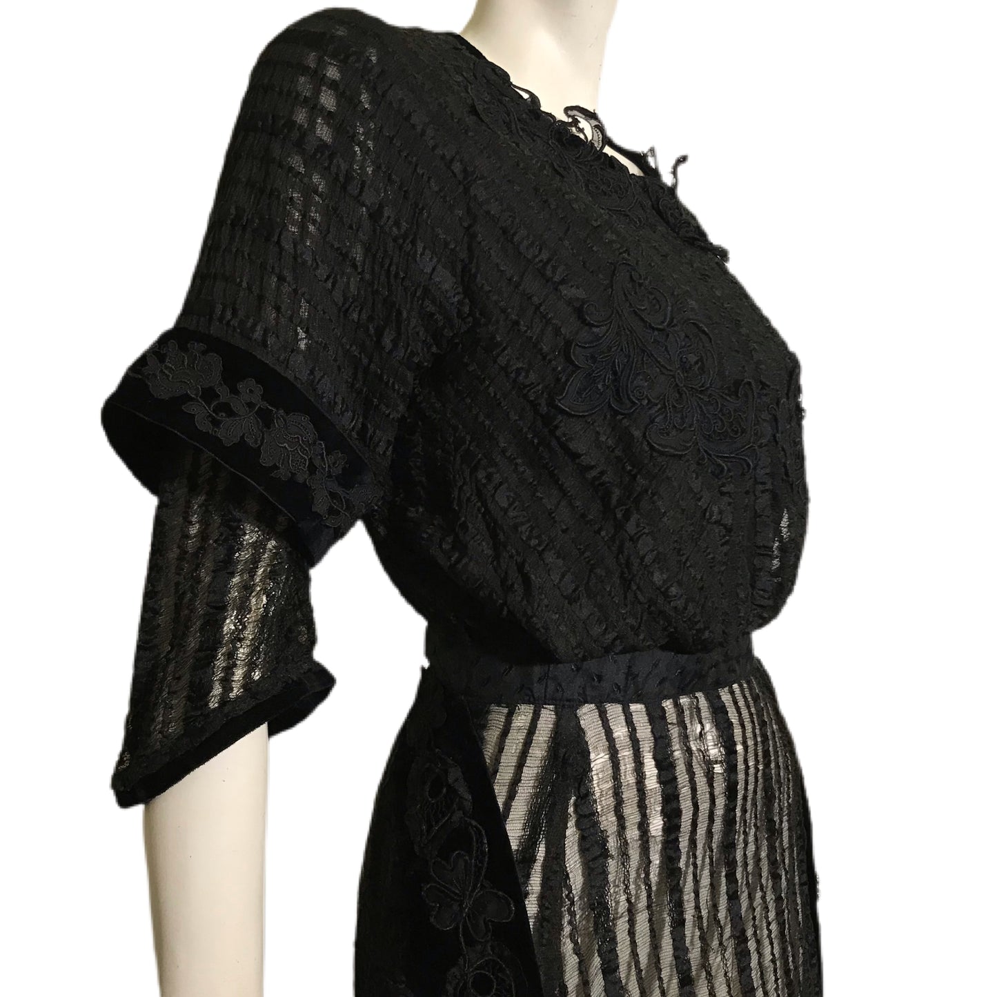 Black Web Woven Wool Long Dress with Embroidered Velvet Accents circa 1910s