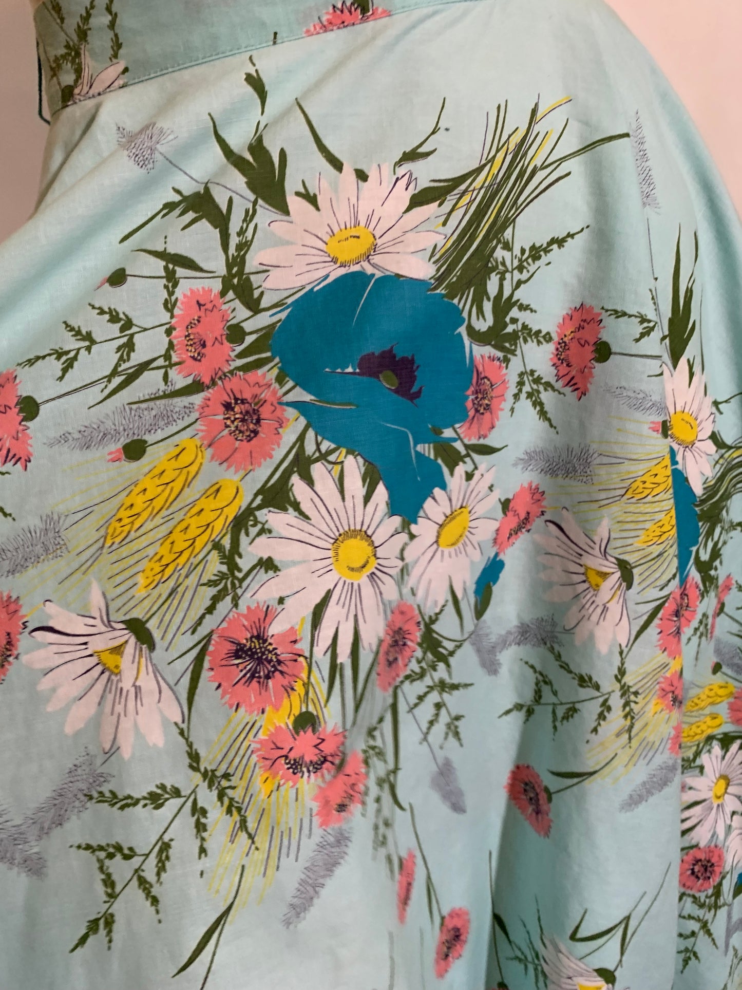 Wildflower Bouquet Print Sky Blue Circle Skirt circa 1950s