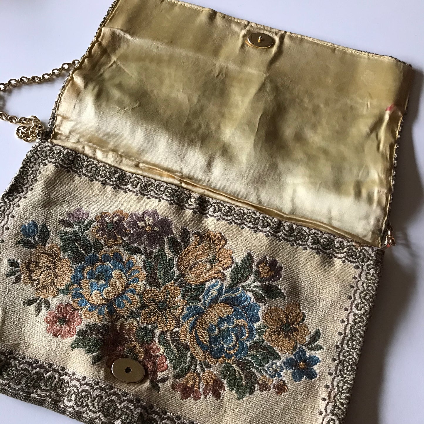 Tapestry Fabric Handbag with Metallic Threads, Gold Tone Clasp and Chain Strap circa 1970s