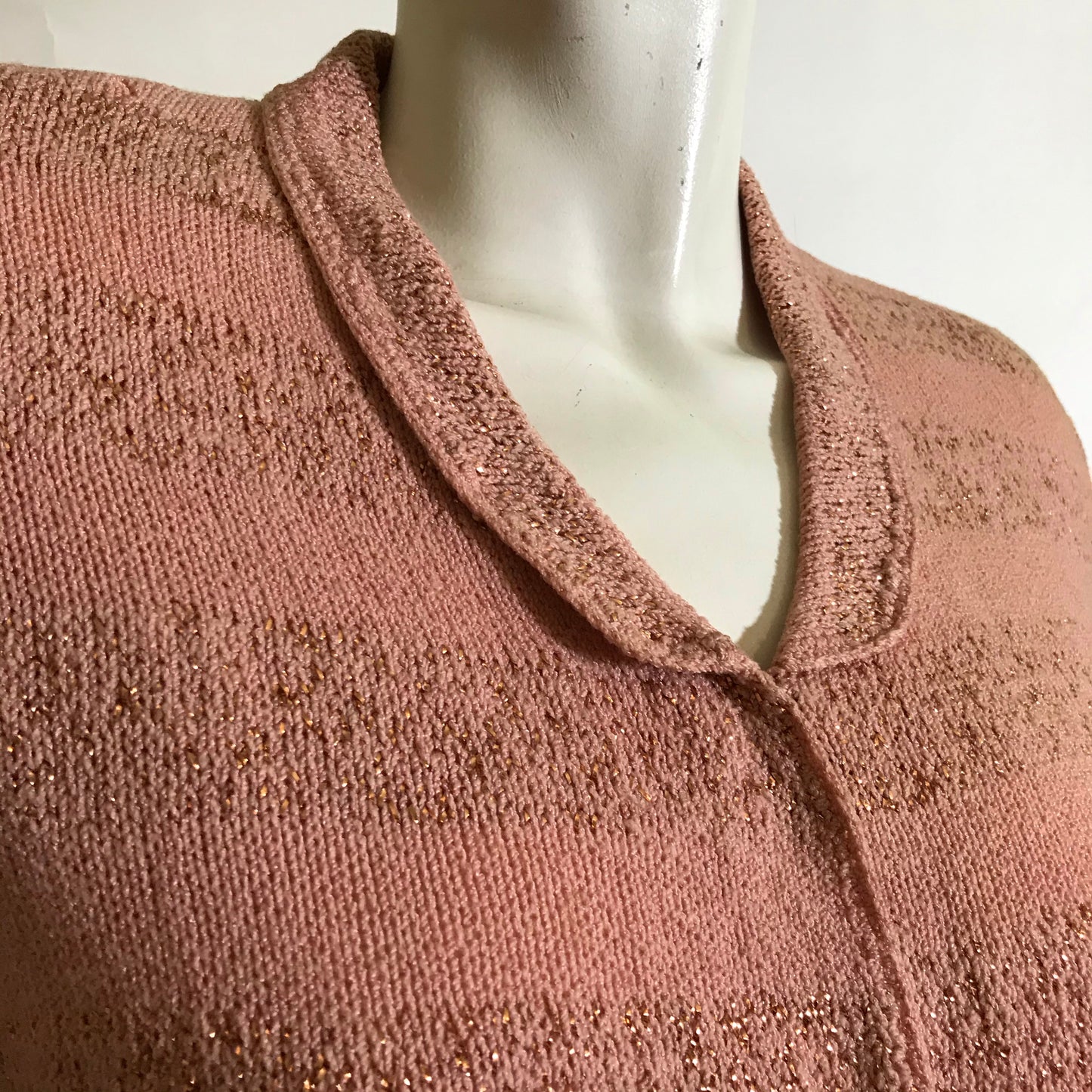 Golden Metallic Striped Pink Knit Cardigan Sweater with Nipped Waist circa 1940s