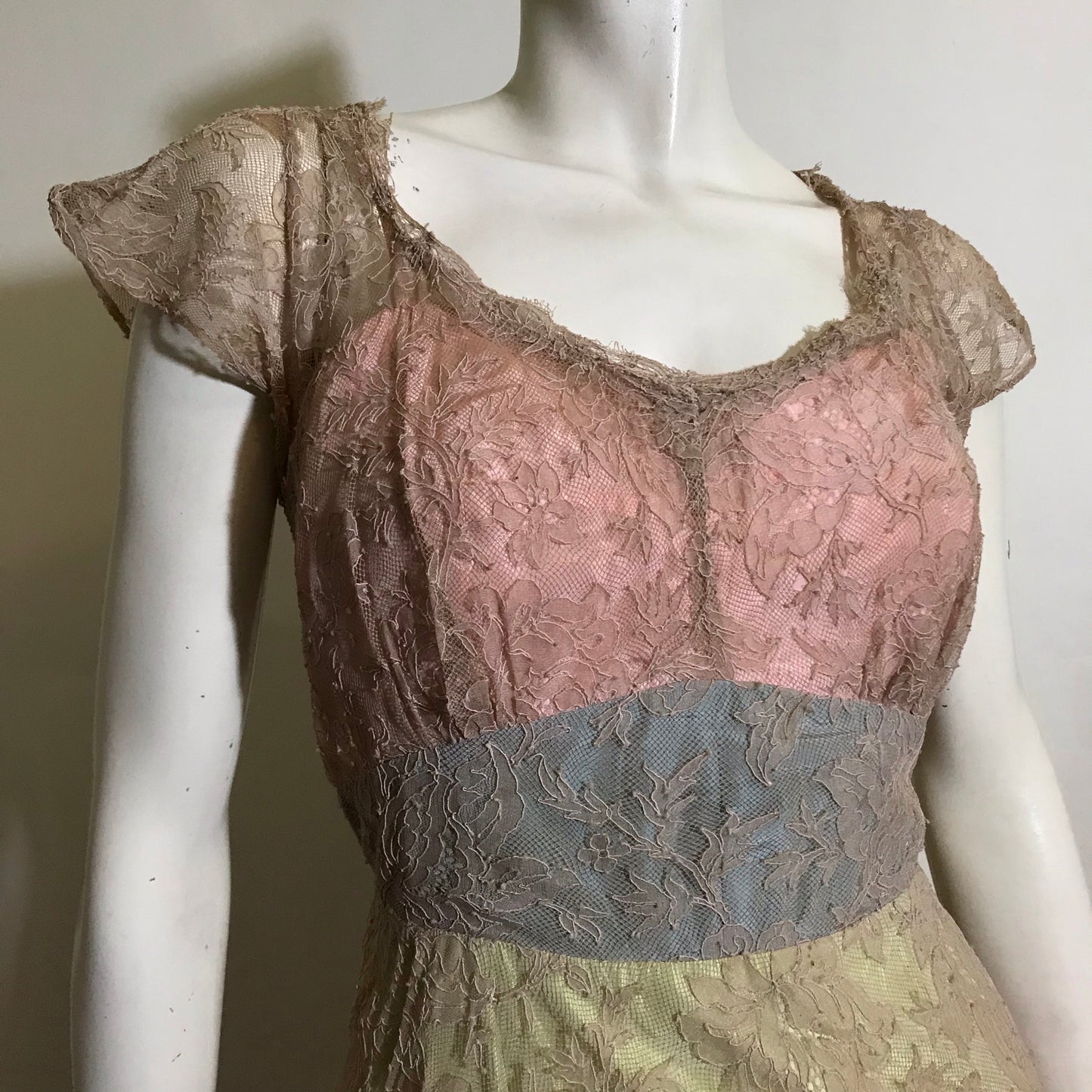 Shades of Sherbet Taffeta Evening Gown with Lace Overlay circa 1940s