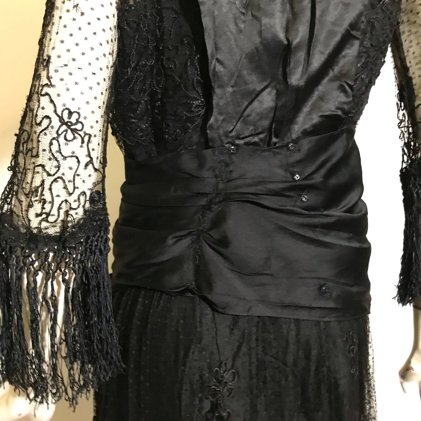 Elaborate Ink Black Silk Formal Dress with Beading Lace and Long Fringe circa 1910s