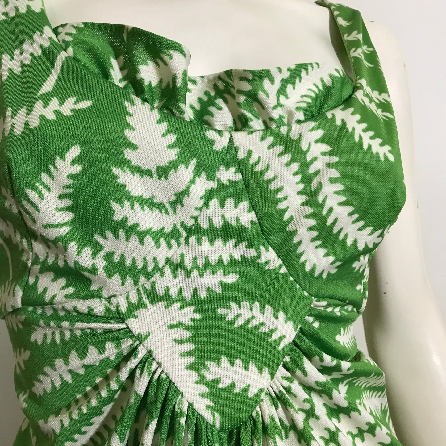 Fern Print Ruffled Neckline Tropical Maxi Dress circa 1970s