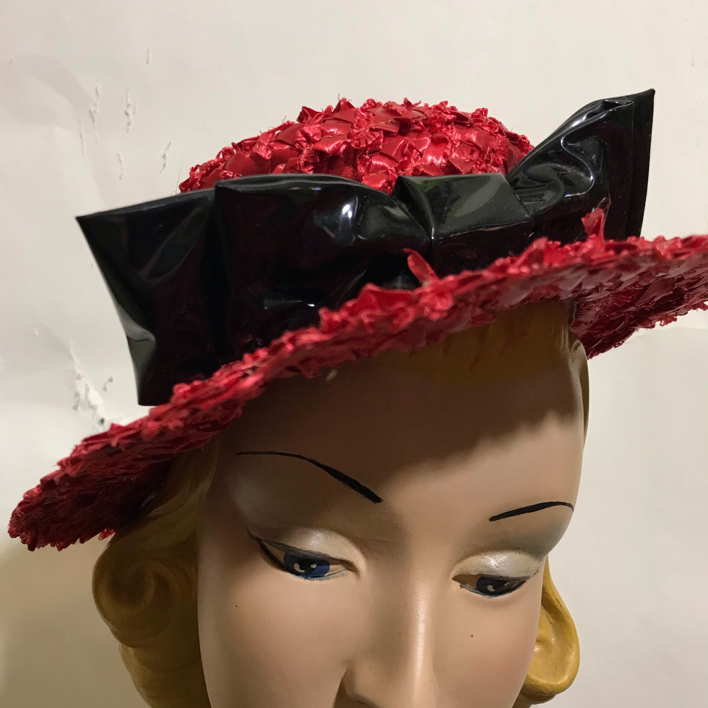 Red Shaggy Cello Braided Hat with Black Patent Bow circa 1940s