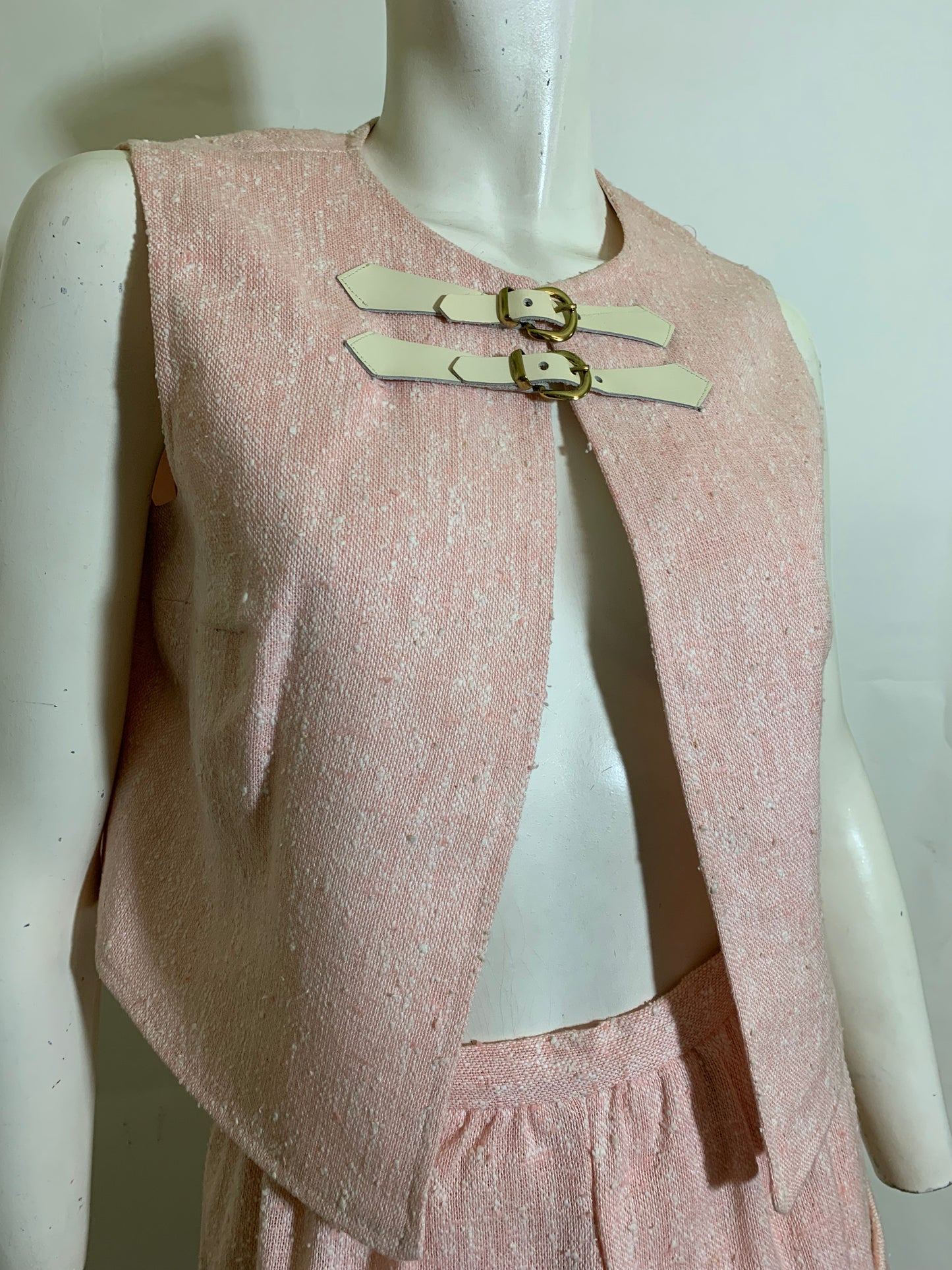 Slubbed Pink Rayon Vest and Mini Skirt Set with Buckles circa 1970s