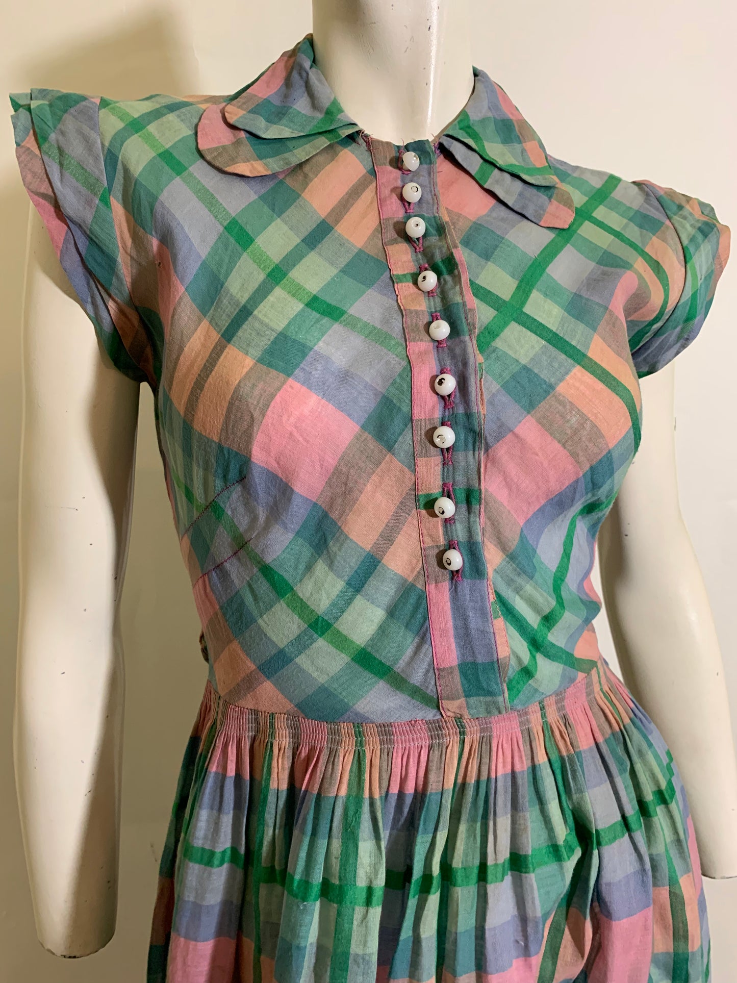 Darling Pastel Plaid Voile Cotton Day Dress circa 1940s