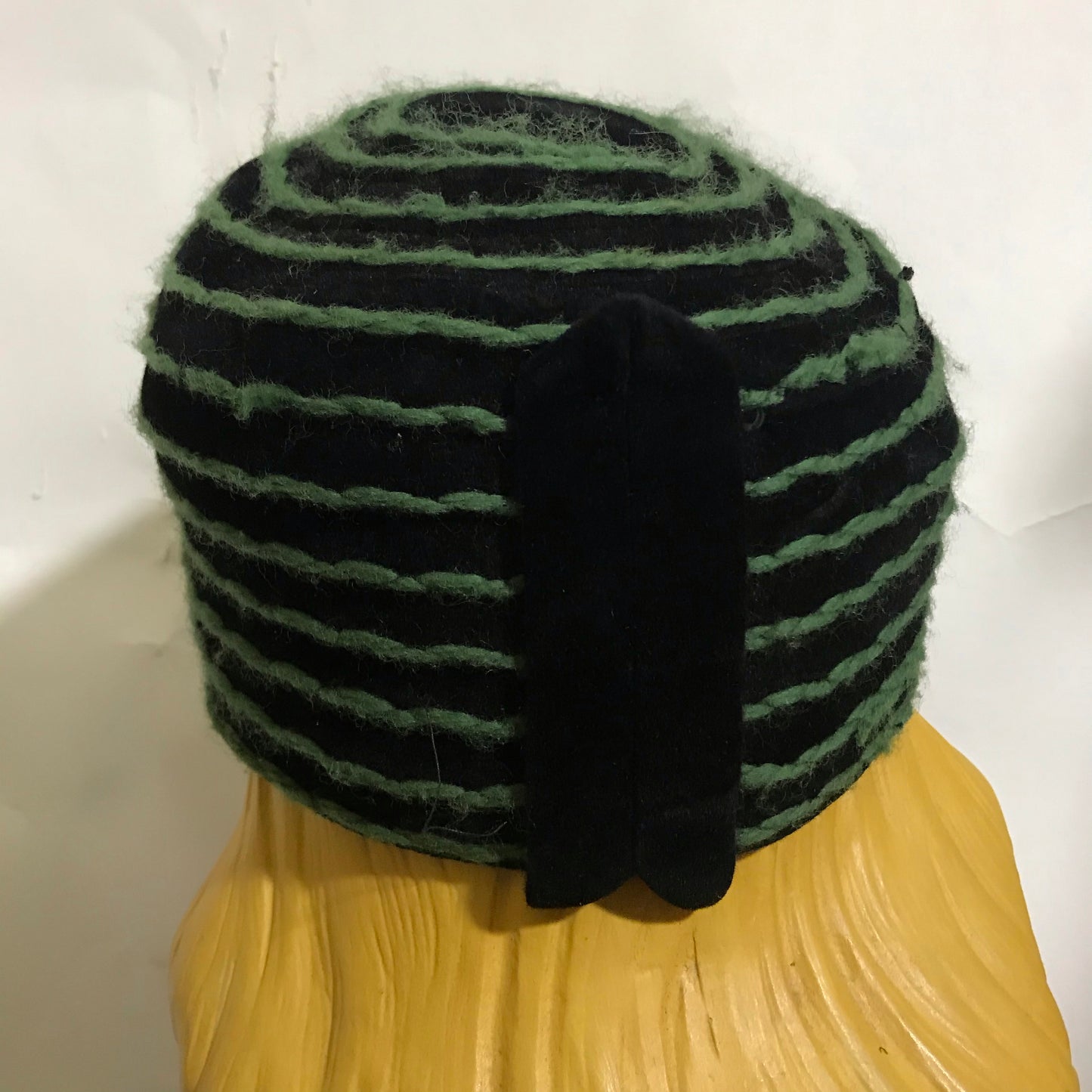 Black Felted Wool Fez Style Hat Green Yarn Top Stitch Detail circa 1960s