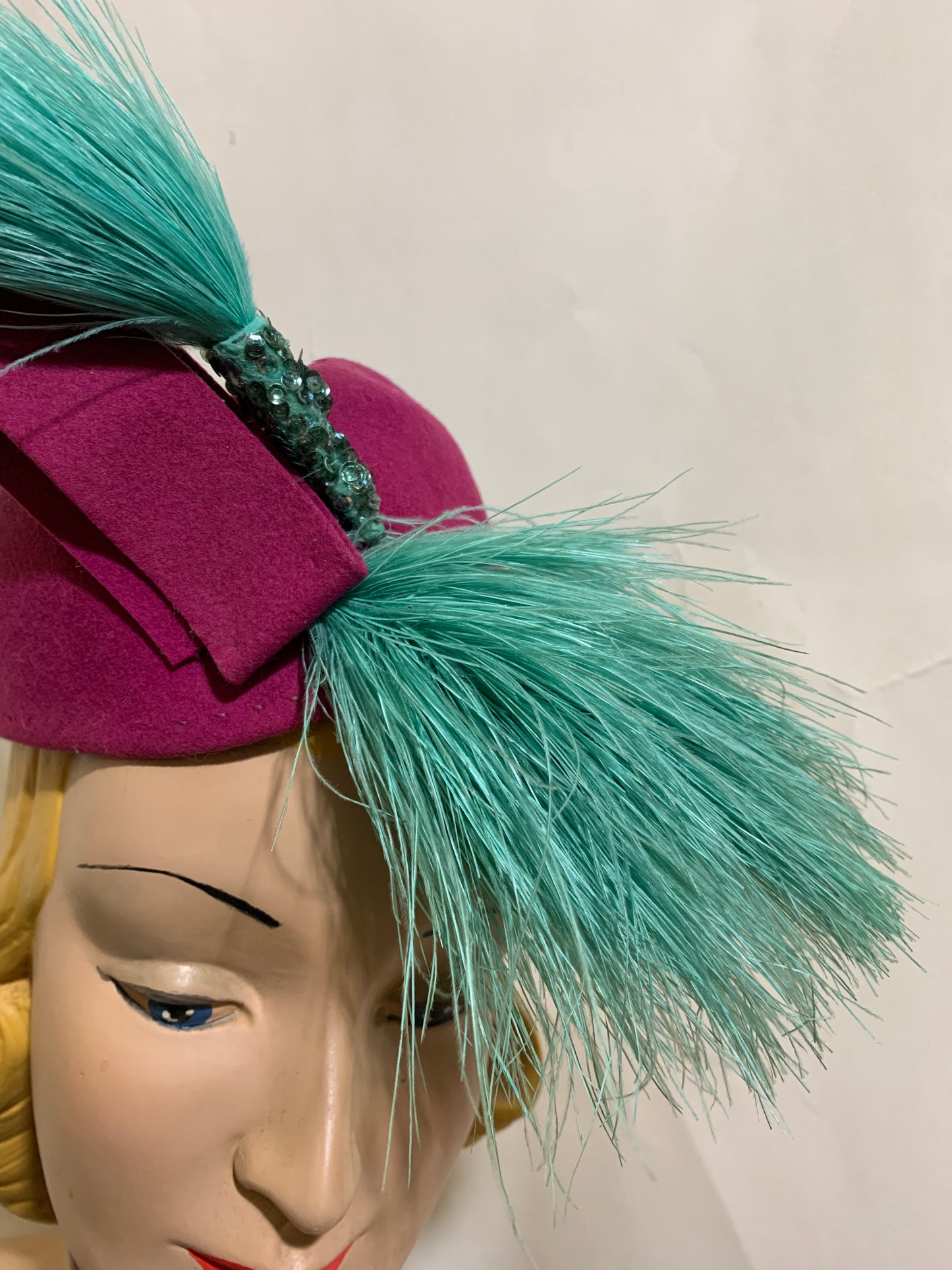 Magenta Wrap Over Pinched Front Hat with Aqua Feathers and Sequins circa 1940s