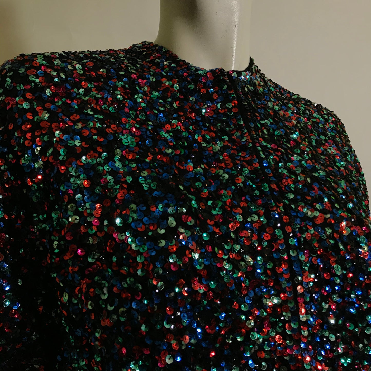 Fireworks! Glittering Red, Blue and Green Sequined Black Sweater circa 1960s