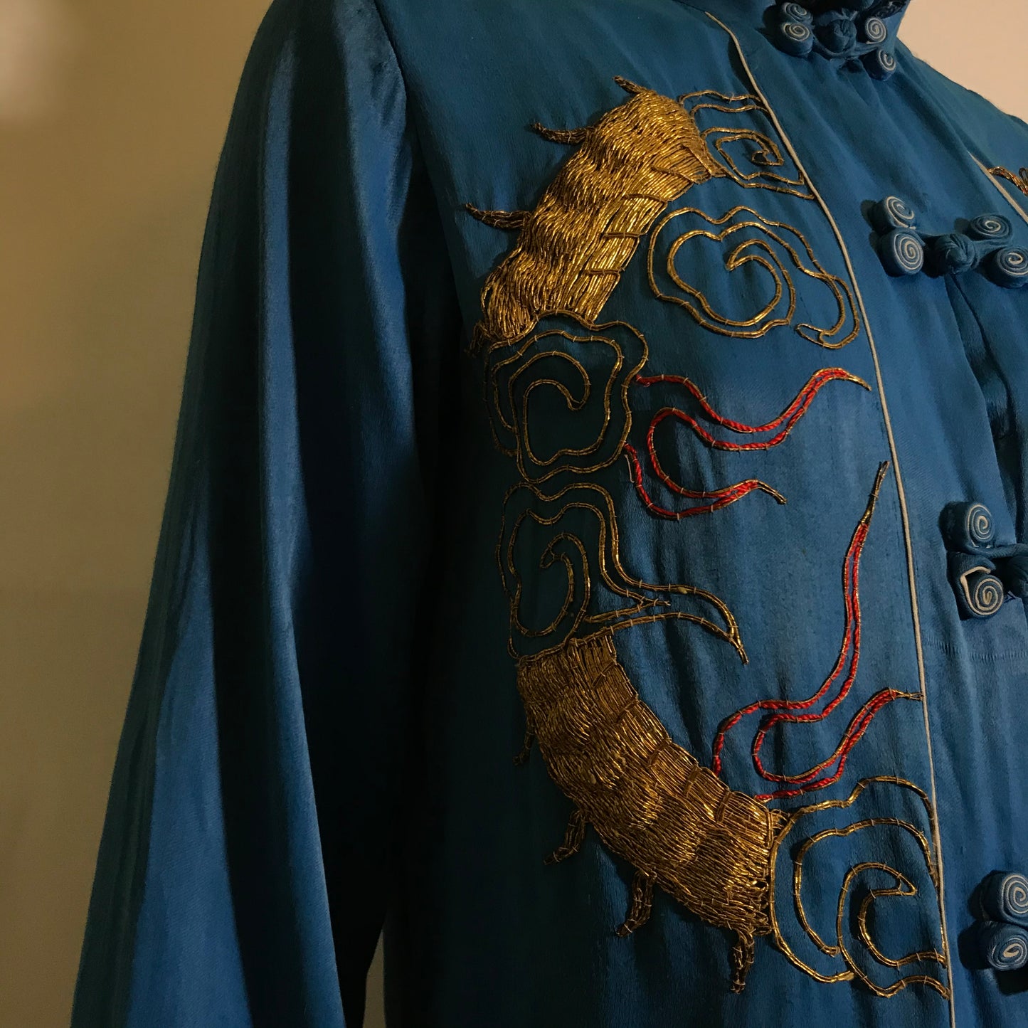 Ocean Blue Silk 2 Pc Pyjama Set Golden Embroidered Dragons circa 1930s