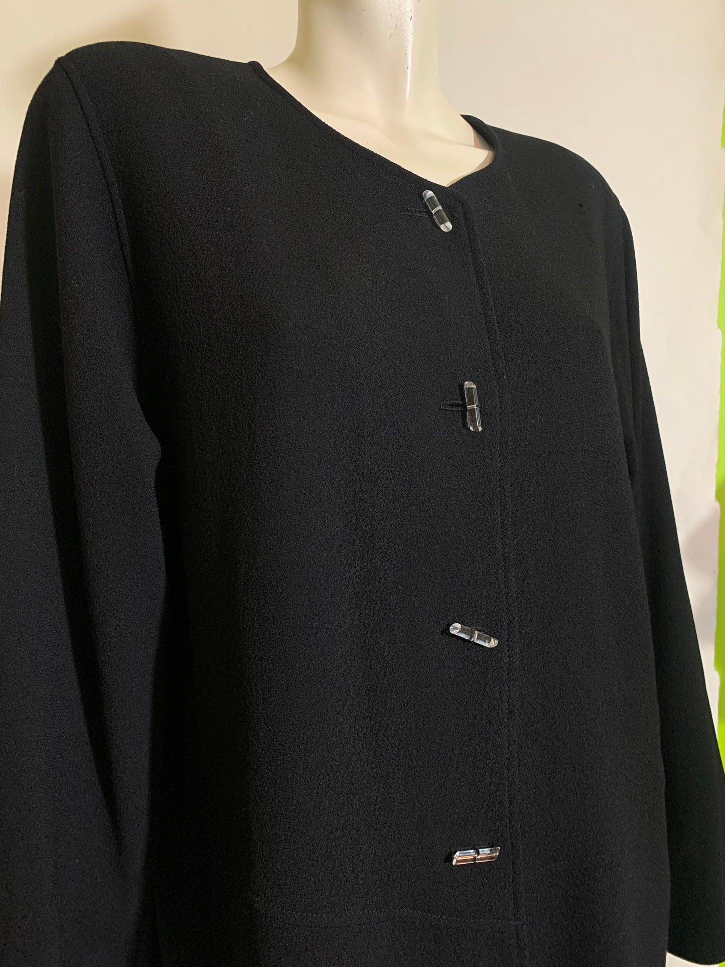 Black Wool Loose Cut Jacket with Lucite Tube Buttons circa 1990s Jean Muir