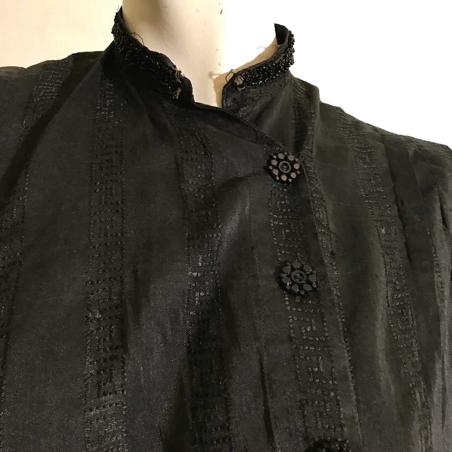 Greek Key Design Black Woven Silk Bodice Blouse with Beading circa 1890s