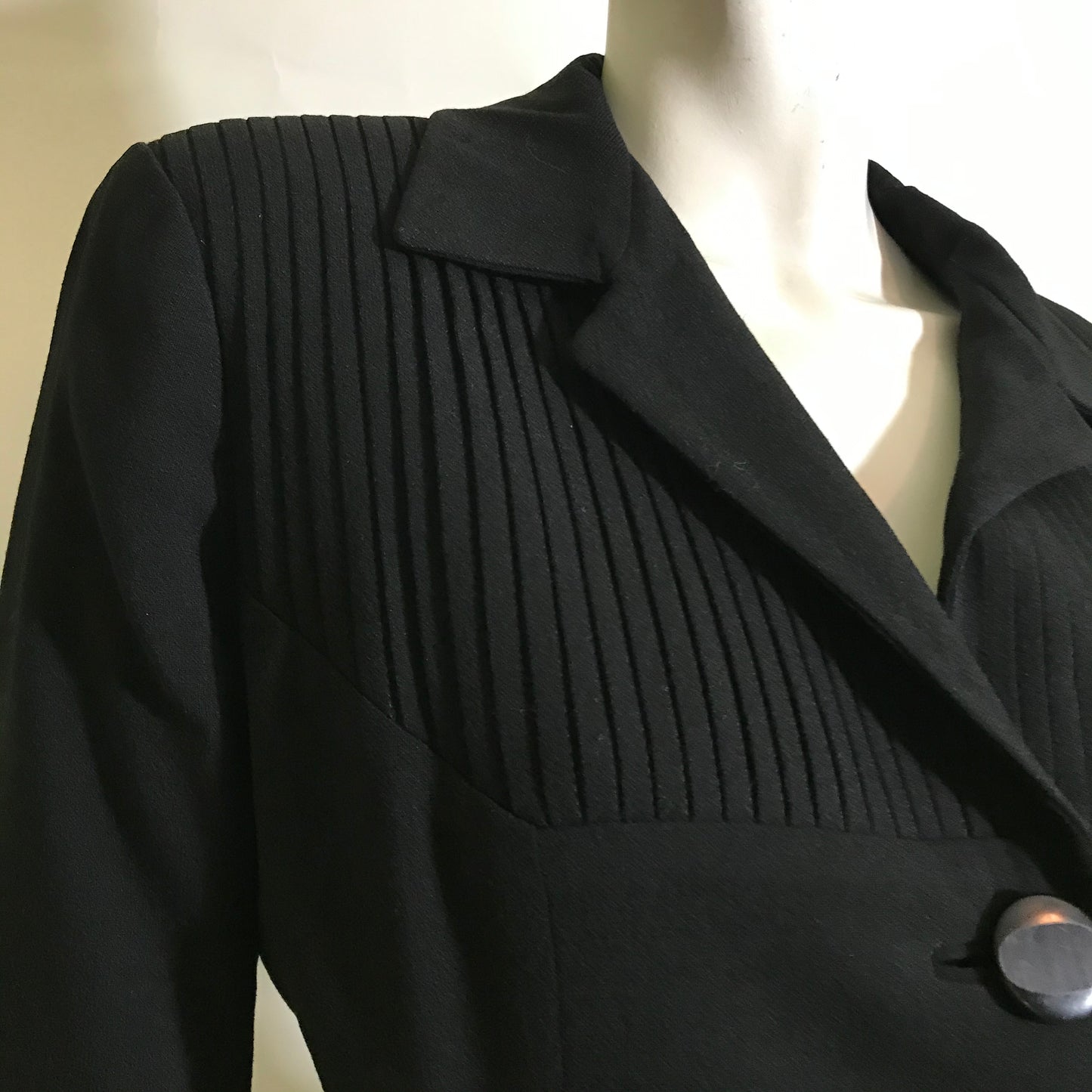 Black Wool Classic Suit with Pleated Accents circa 1950s