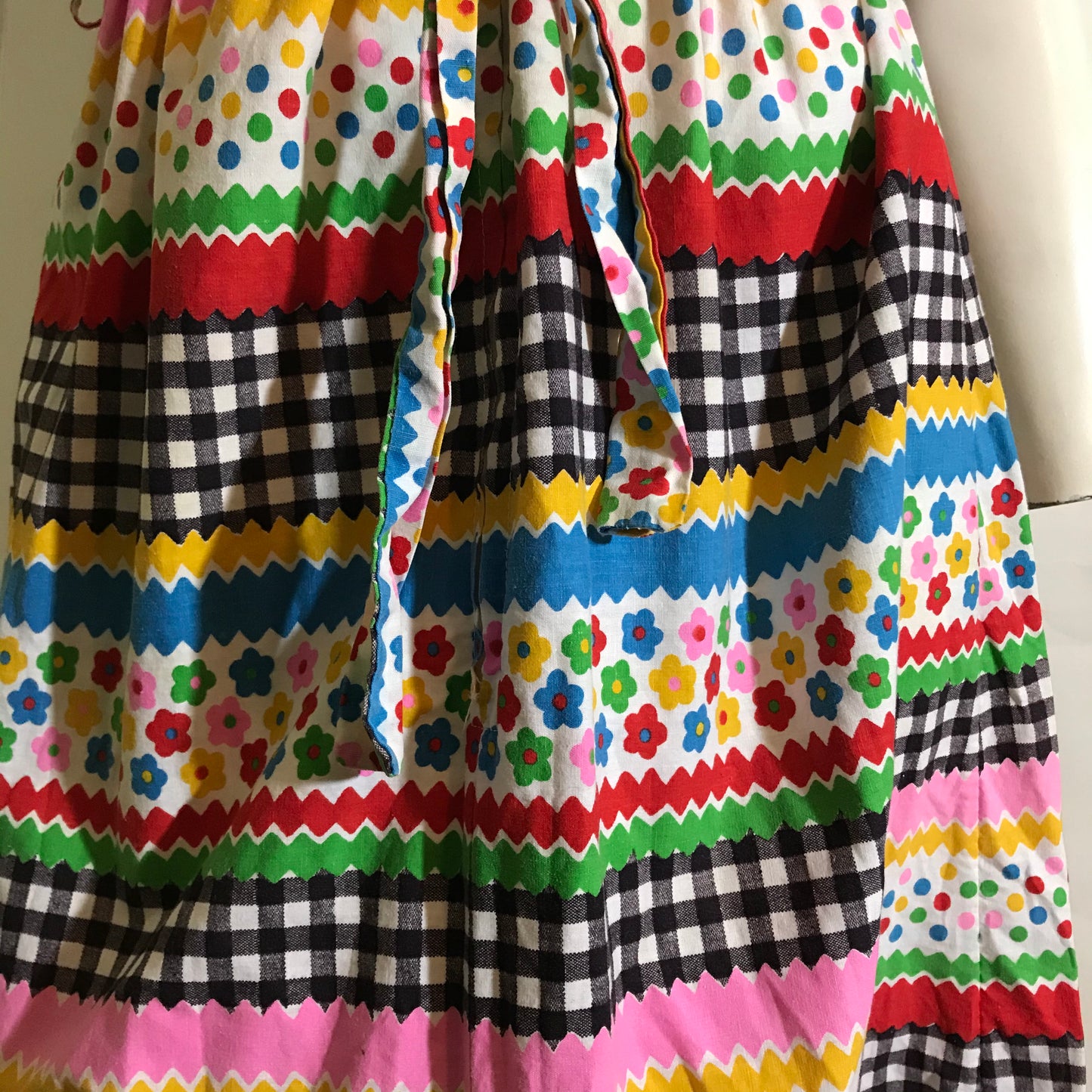 Colorful Ric Rac and Polka Dot Print Cotton Maxi Dress circa 1970s