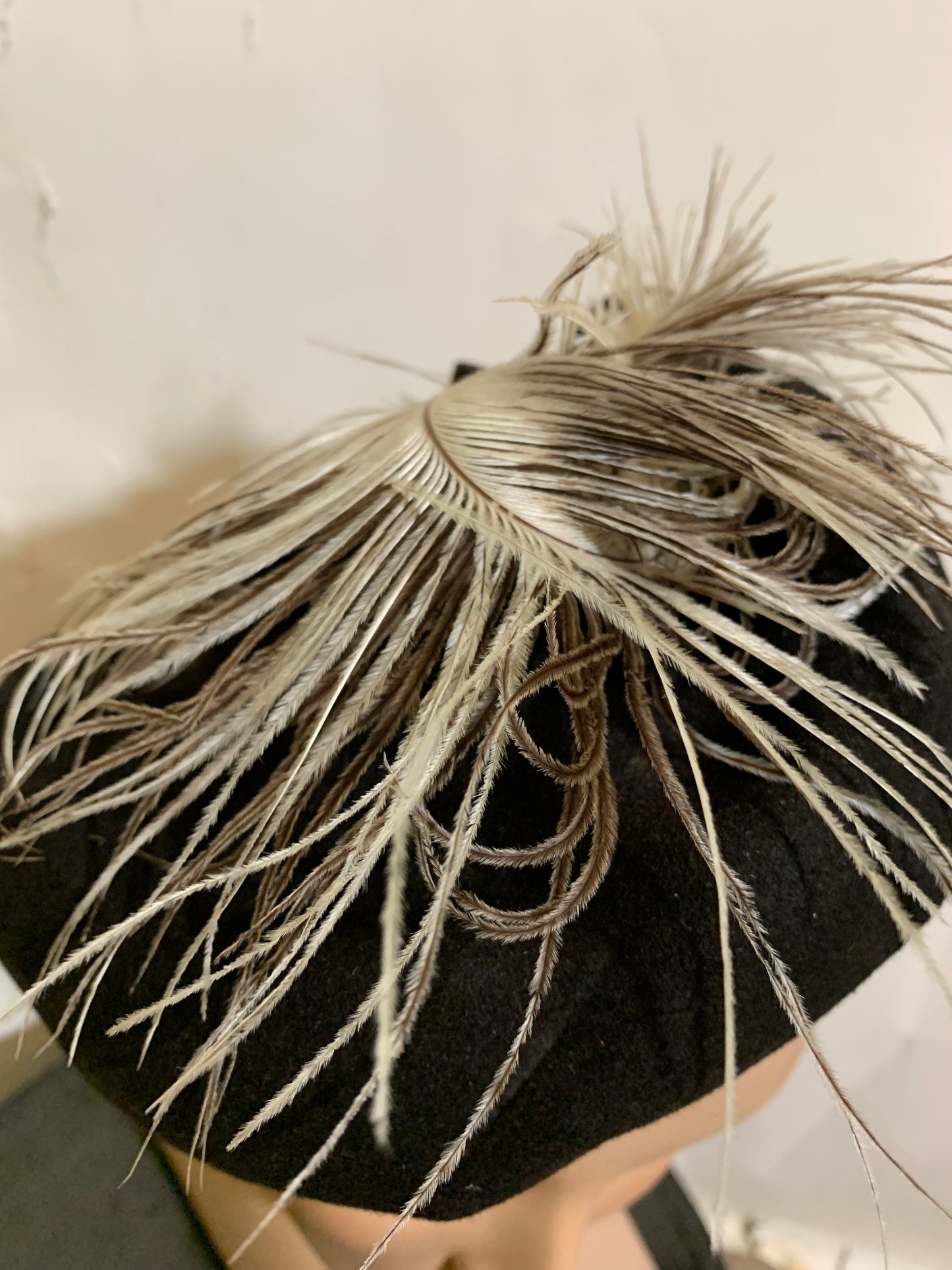 Chocolate Brown Sculpted Hat with Curled Feather Plume circa 1940s