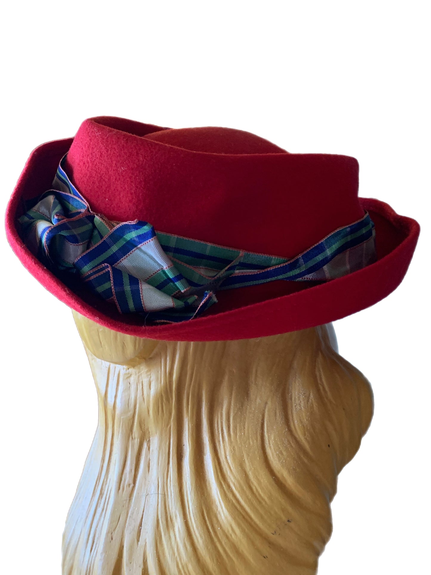 Jaunty Cherry Red Felted Wool Mini Fedora Hat with Plaid Taffeta Ribbon circa 1940s