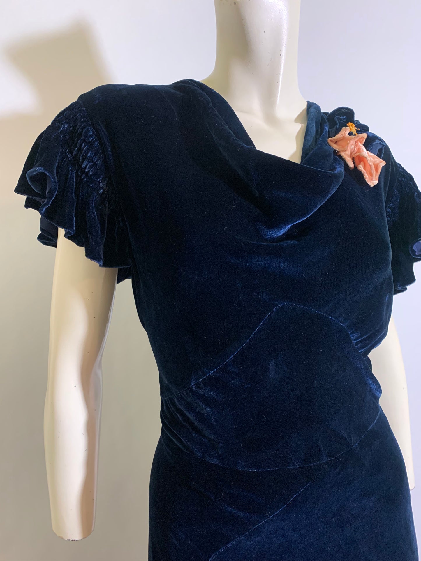 Elegant Deep Blue Silk Velvet Dress with Draped Neckline and Flowers circa 1930s