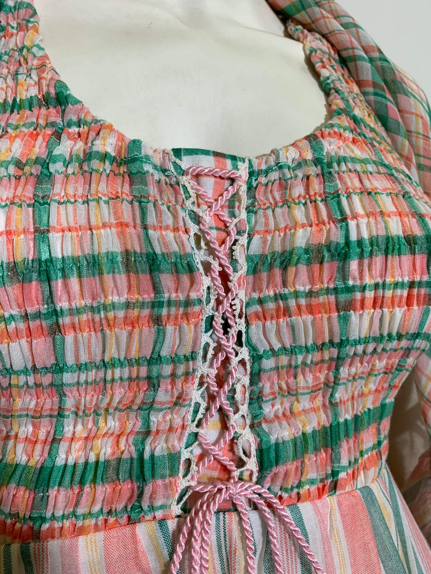 Peachy Perfect Striped Cotton Ruffled Maxi Dress with Shawl circa 1970s