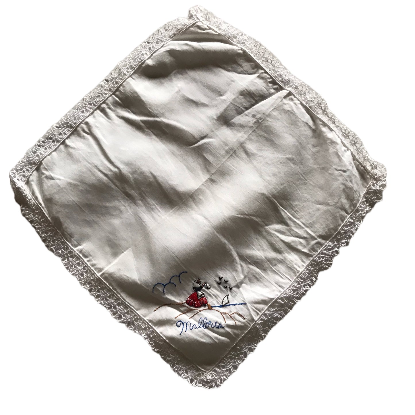 Mallorca Embroidered and Tatted Cotton Handkerchief circa 1940s