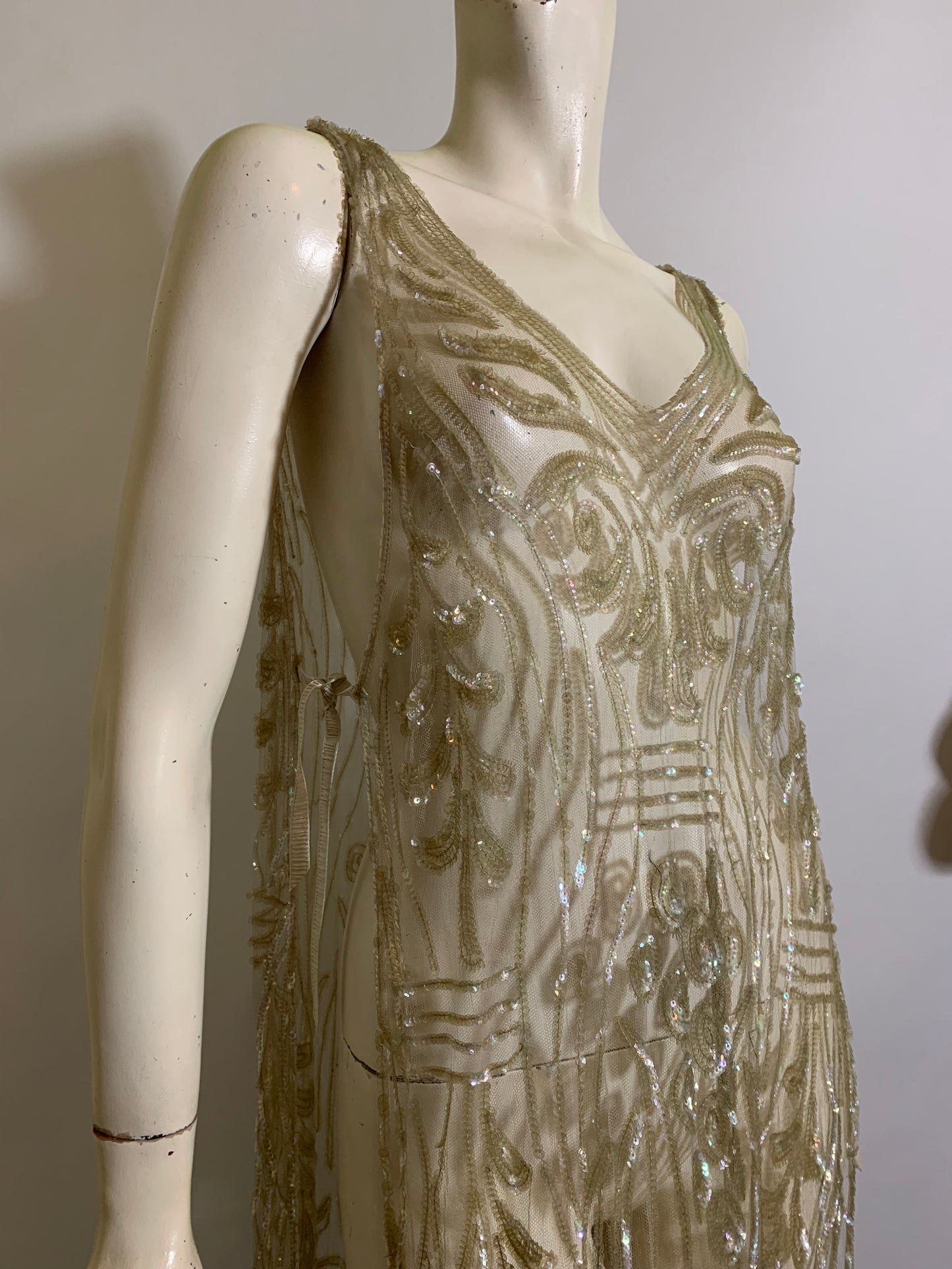 Timeless Iridescent Sequined and Beaded Sheer Netting Tabard Dress circa 1920s