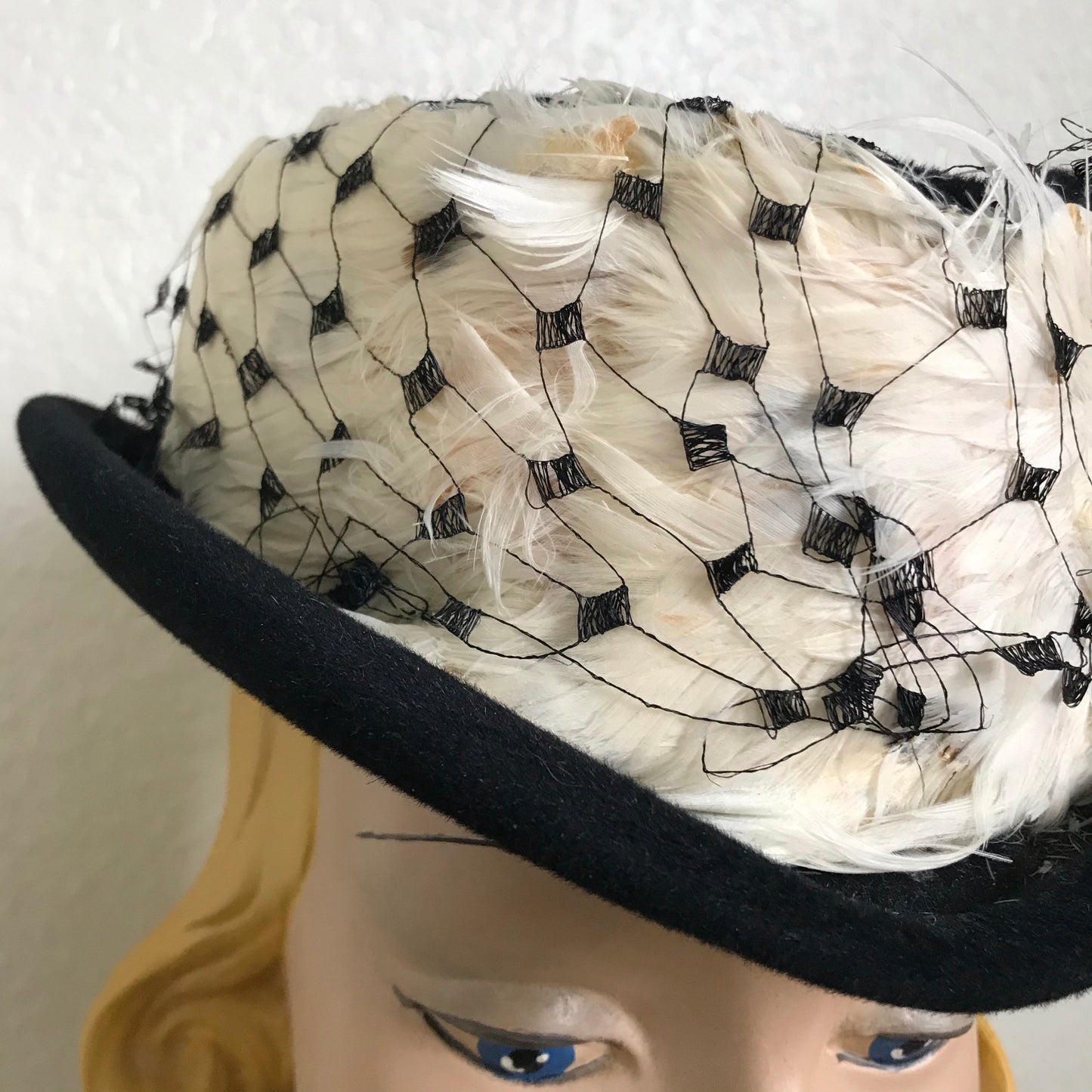 Black Boater Style Hat with Feathers circa 1940s