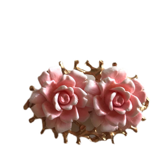 Pink Double Roses Brooch Branched Gold Tone Frame circa 1960s