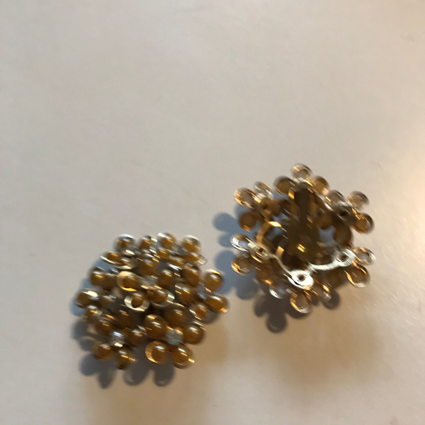Golden Celluloid and Rhinestone Flower Clip Earrings circa 1950s