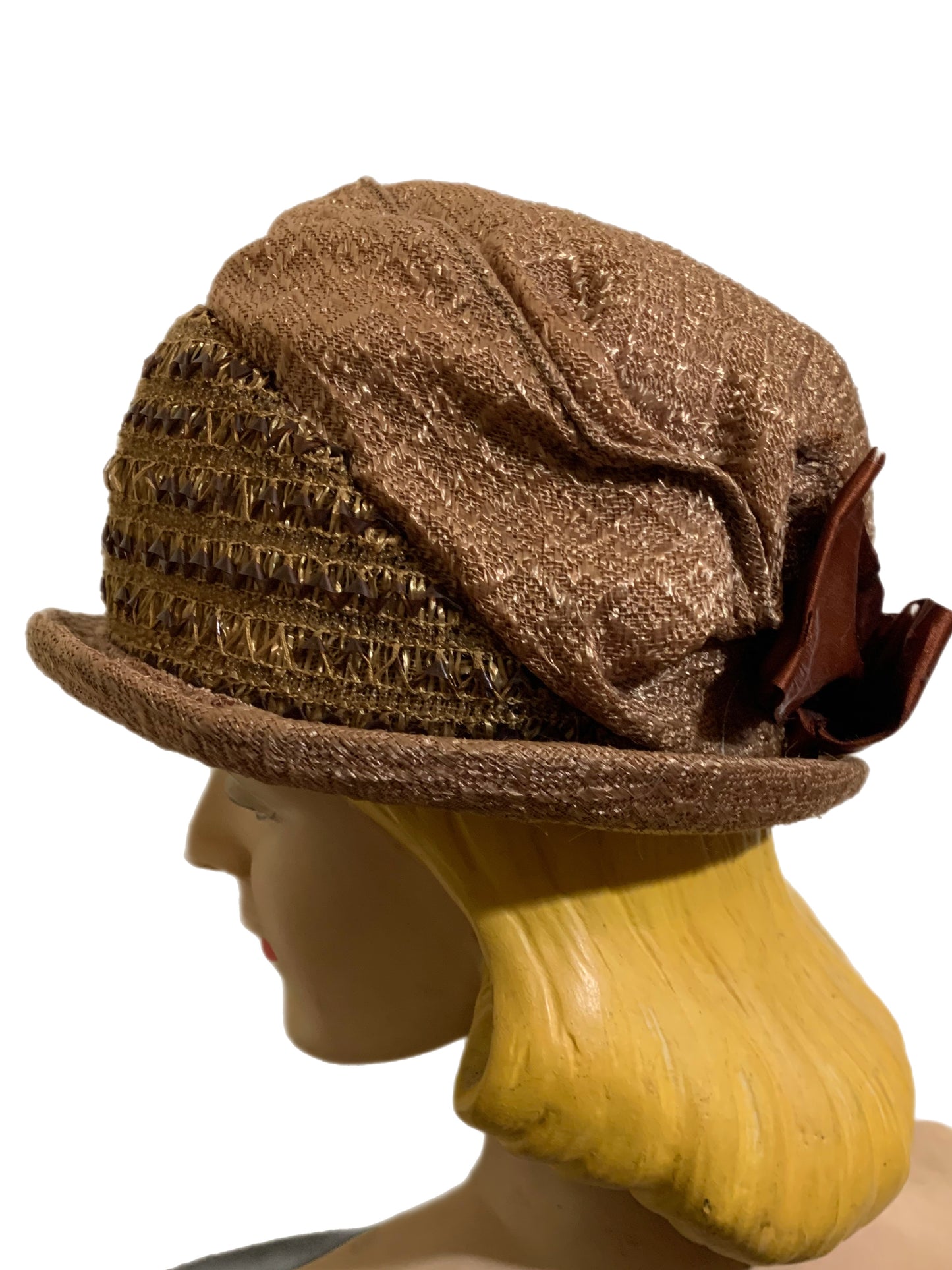 Late Teens/Early 20s Brown Ribbon and Carved Bakelite Trimmed Cloche Hat circa 1920s