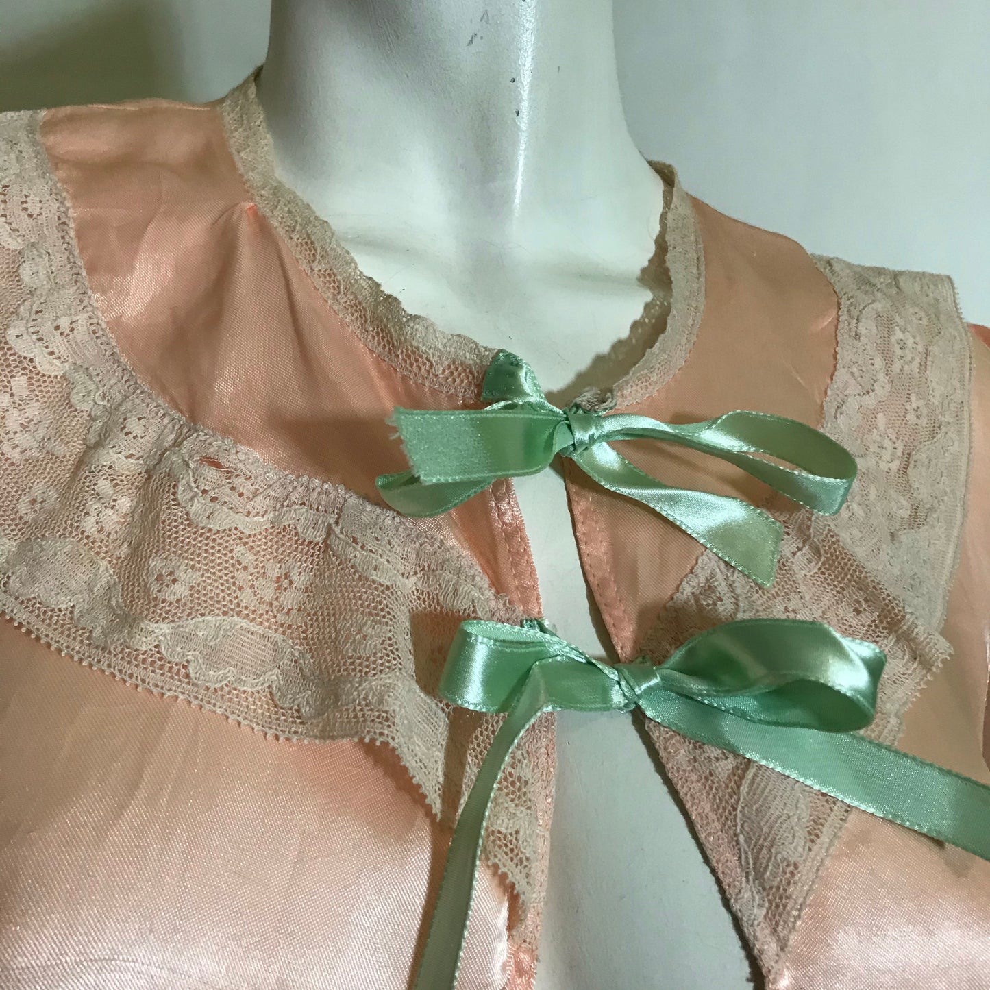 Warm Peach Rayon Lace Trimmed Bed Jacket with Blue Ribbons circa 1940s