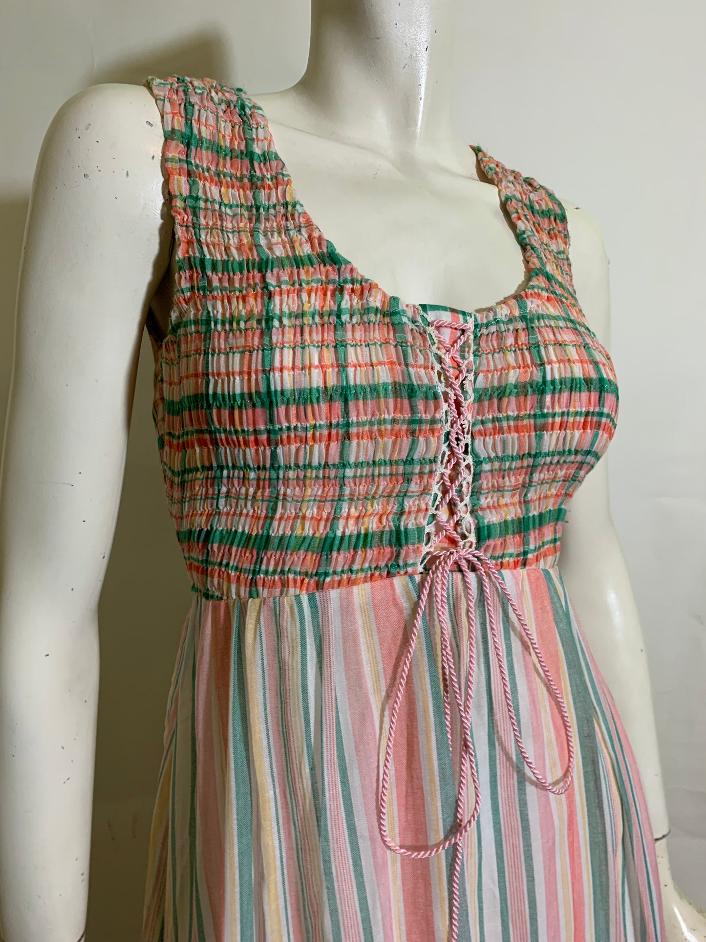 Peachy Perfect Striped Cotton Ruffled Maxi Dress with Shawl circa 1970s