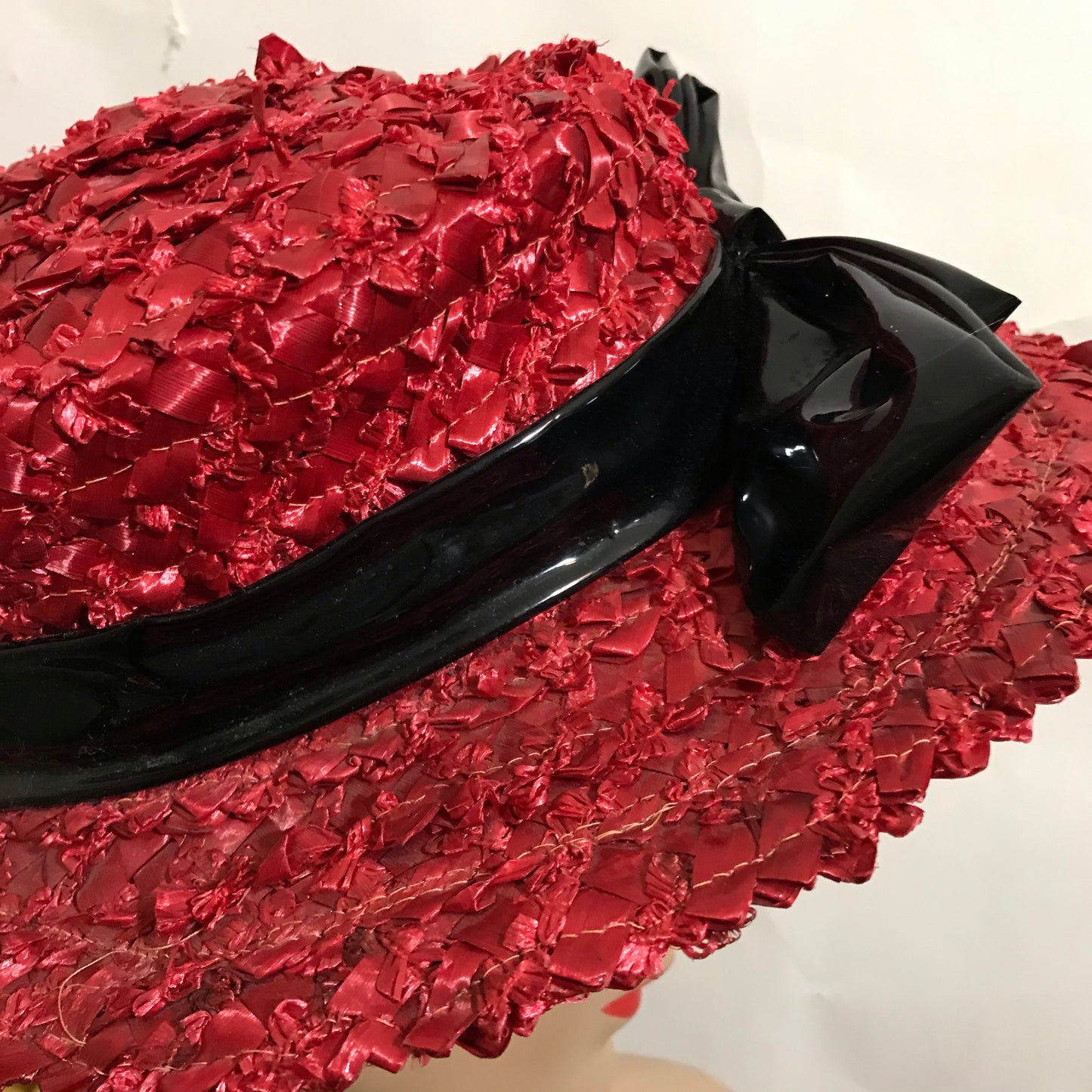 Red Shaggy Cello Braided Hat with Black Patent Bow circa 1940s