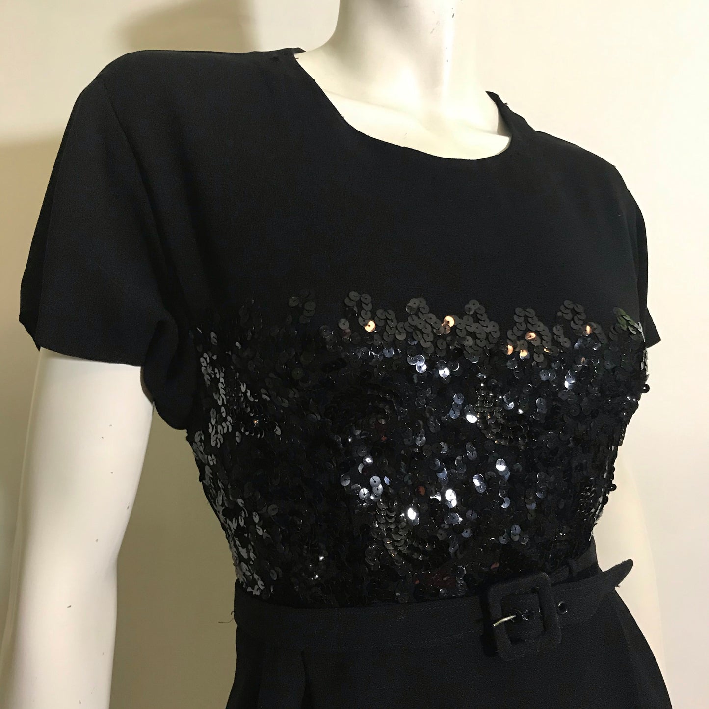 Black Crepe Rayon Cocktail Dress with Sequined Bodice Petite circa 1940s