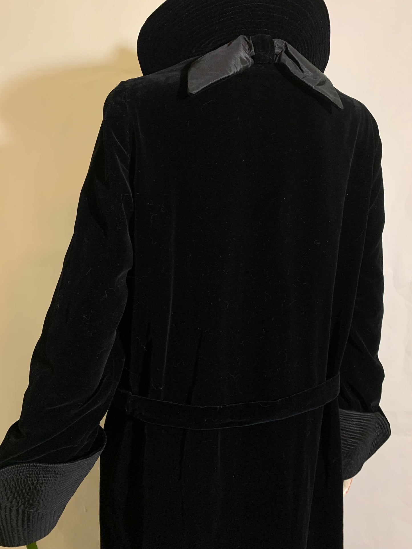 Ebony Black Cotton Velvet Coat with Trapunto Stitched Silk Stand Up Collar and Wide Cuffs circa Early 1900s