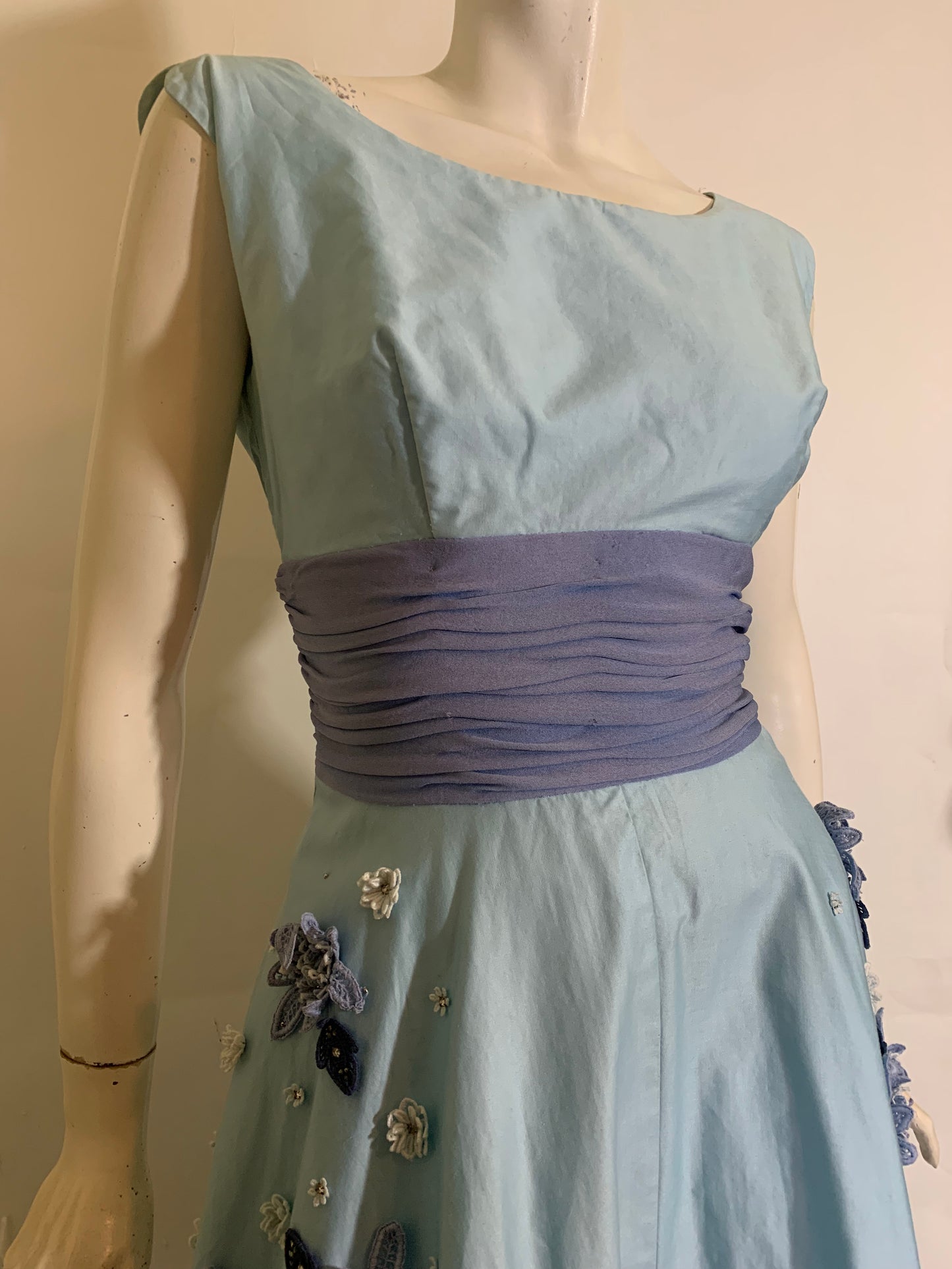 RESERVED Baby Blue Cotton Sleeveless Dress Lace and Rhinestone Accents circa 1960s