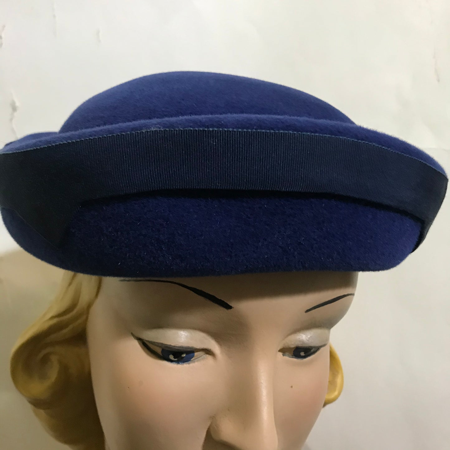 Deep Blue Pill Box Hat with Ribbon Trim circa 1960s