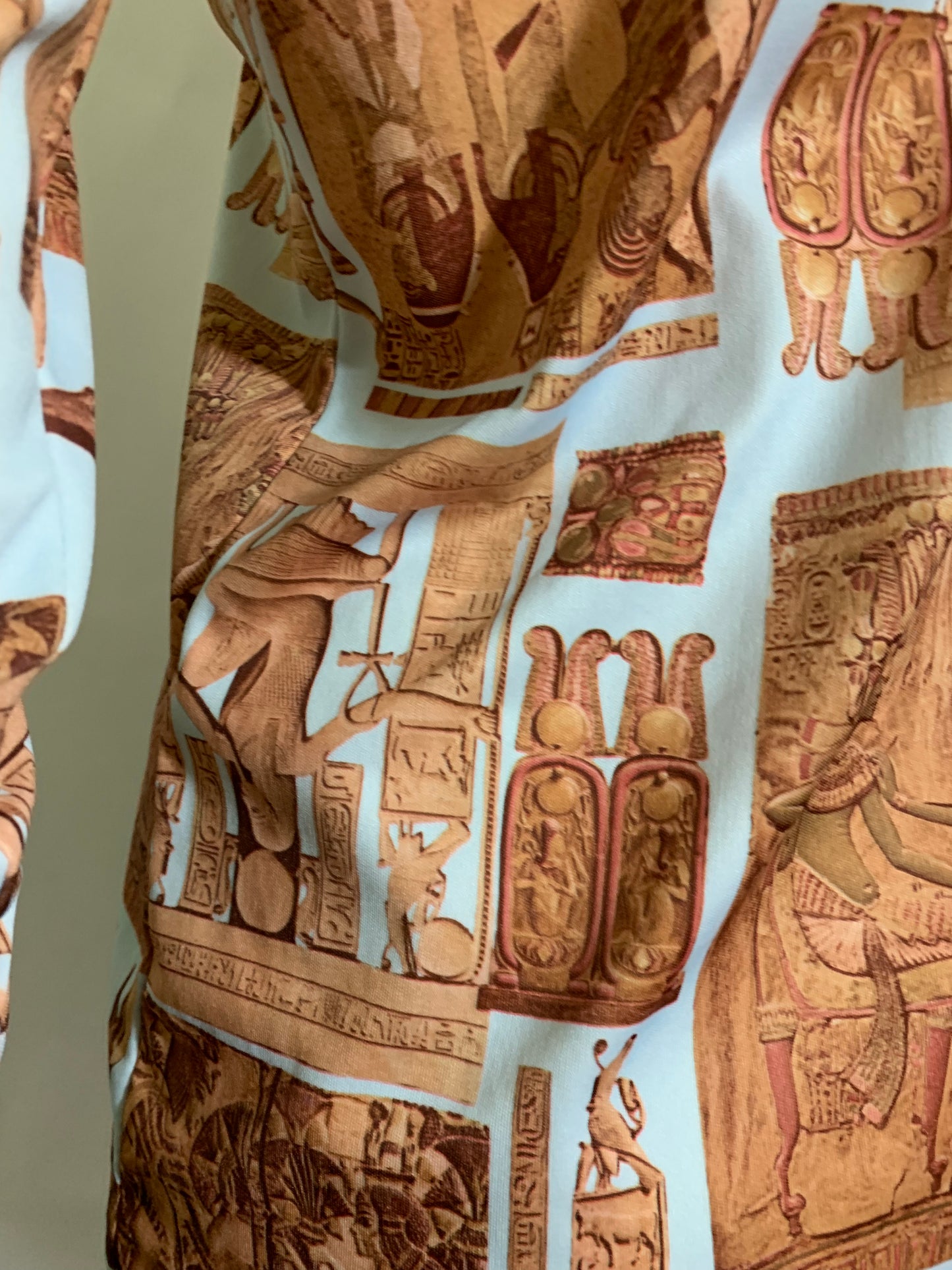 Egyptian Novelty Print Jersey Button Up Blouse circa 1970s