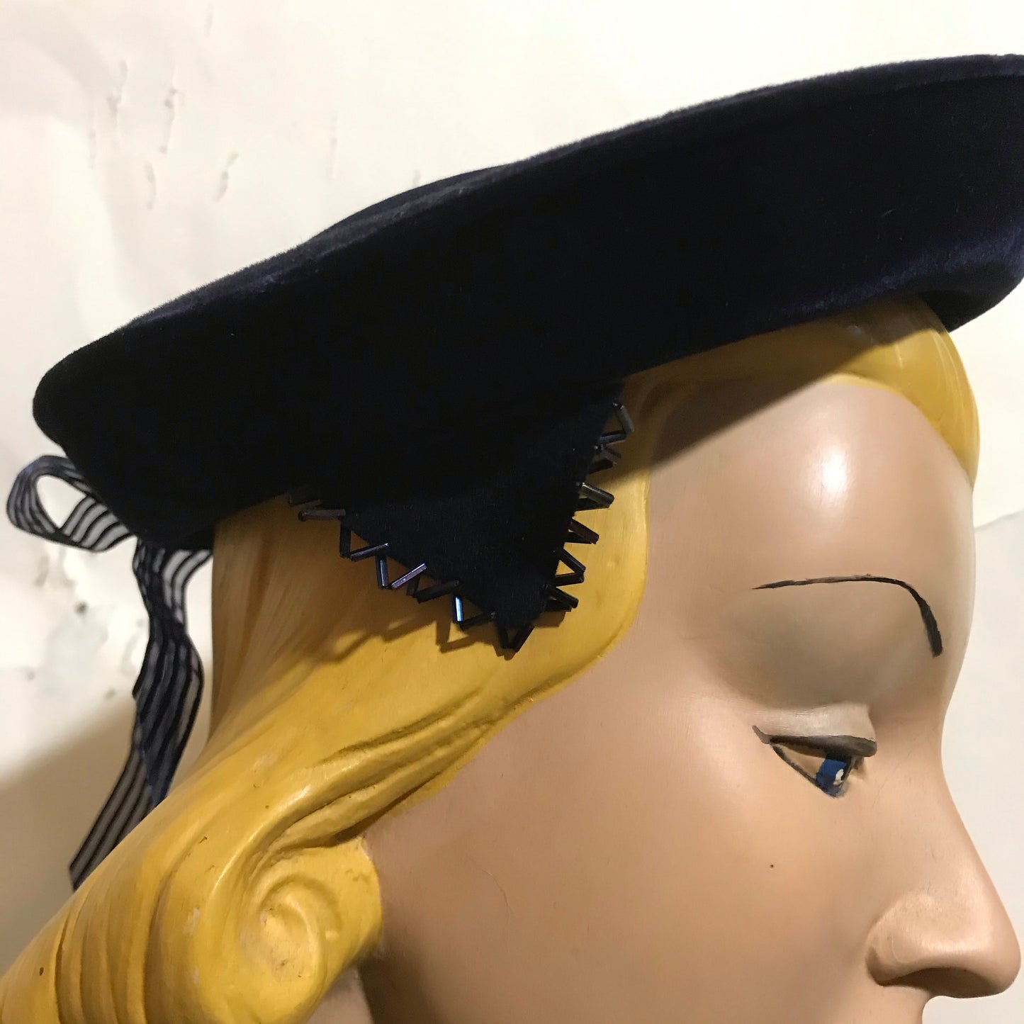 Blue Velvet Sailor Style Hat with Beaded Side Clips and Bow circa 1960s