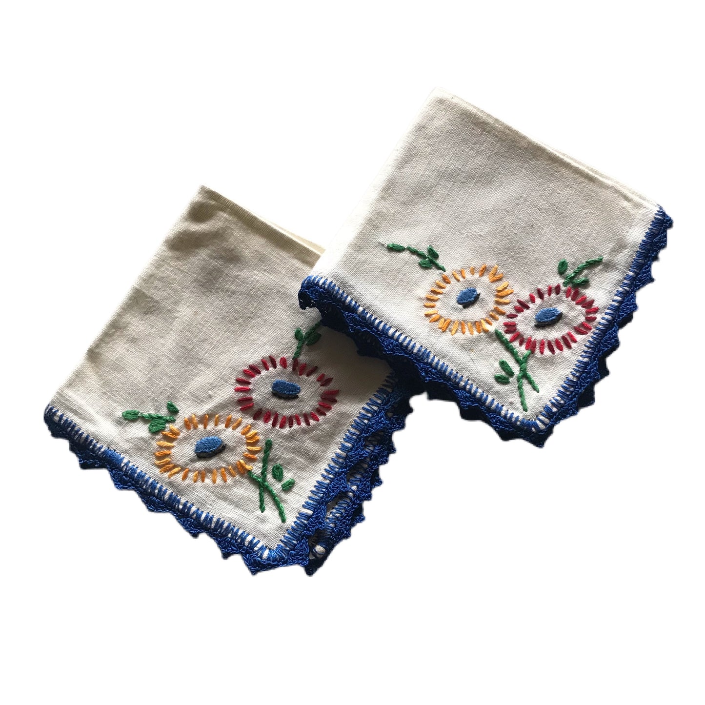Pair Embroidered Flower Design Tatted Edge Cotton Handkerchief circa 1940s