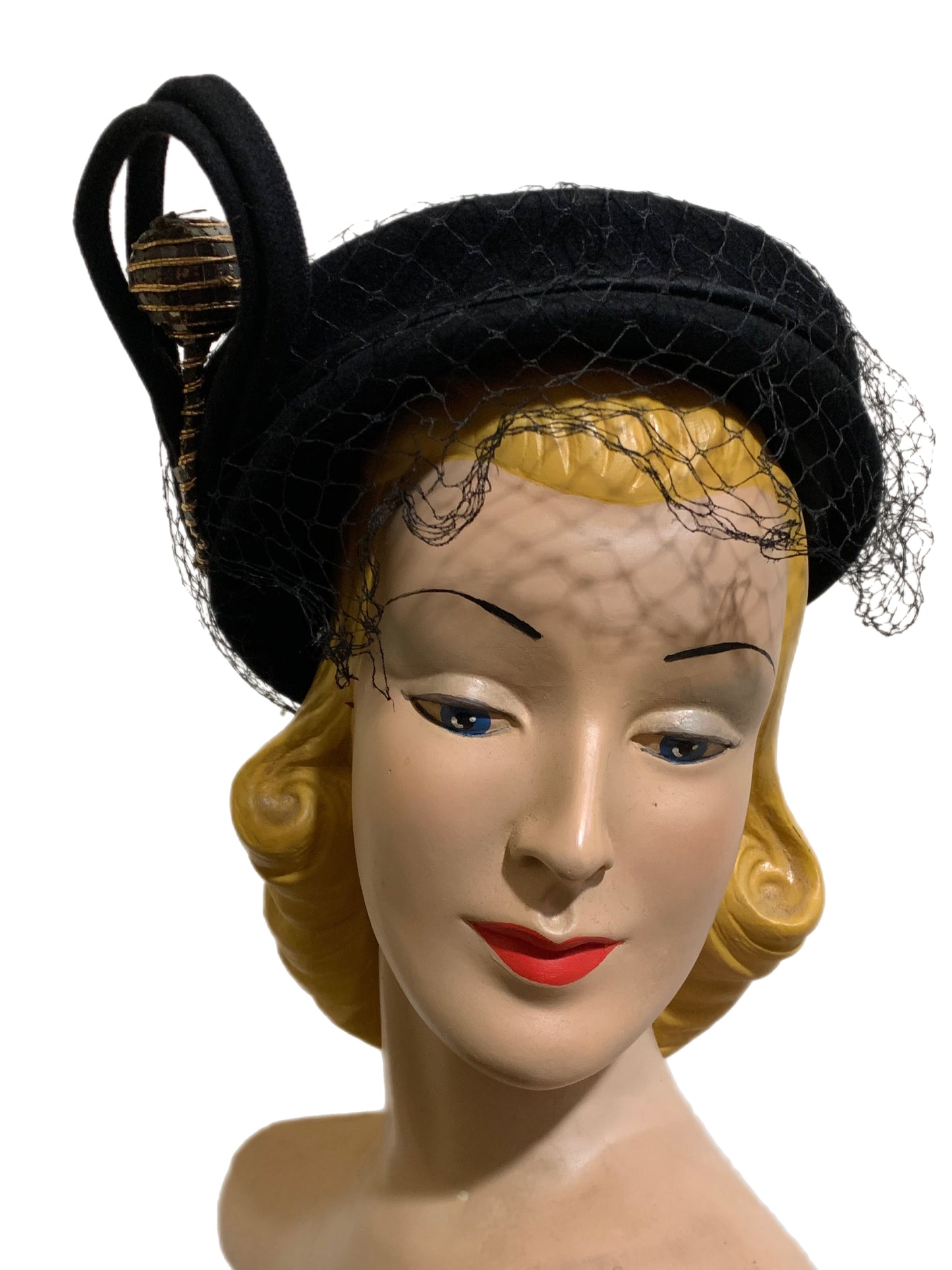 Glam Black Hat with Sculpted Swirl and Metallic Trimmed Accent circa 1930s
