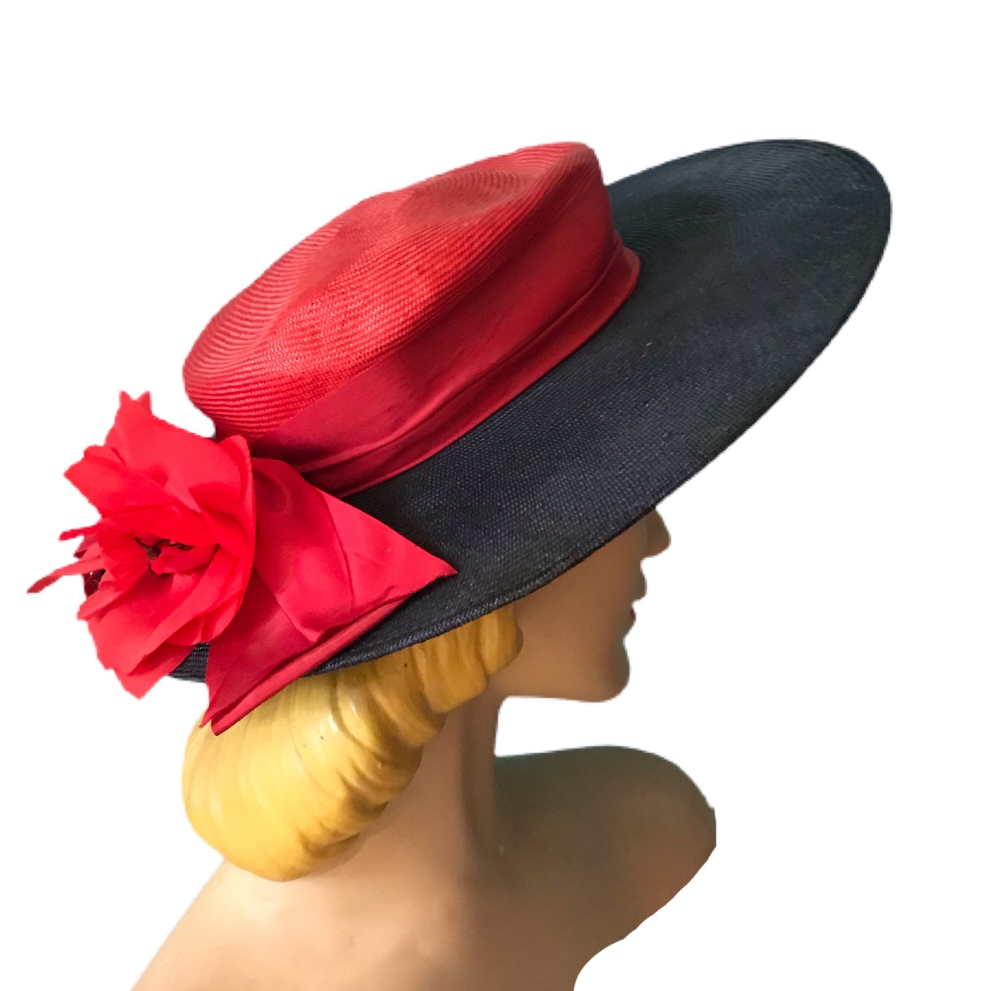 Black and Red Wide Brimmed Hat with Red Poppy and Bow circa 1960s