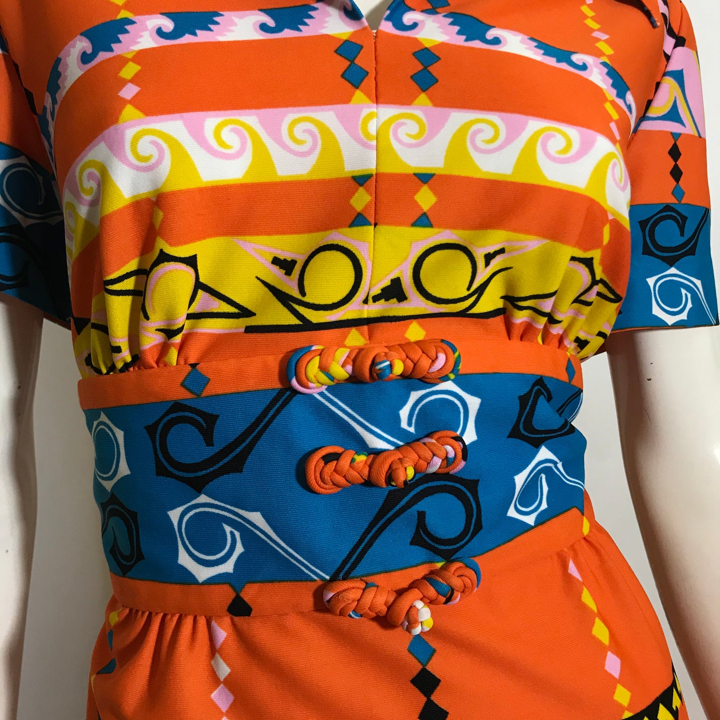 Japanese Graphics Blue and Orange Dress with Frog Knot Details circa 1970s