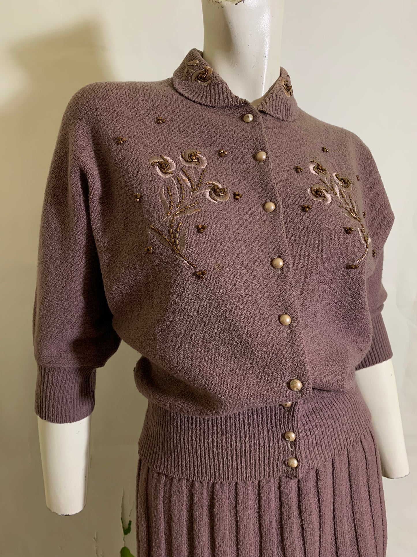 Rosy Brown Boucle Knit Wool 2 Pc Dress Set with Beading and Embroidery circa 1940s