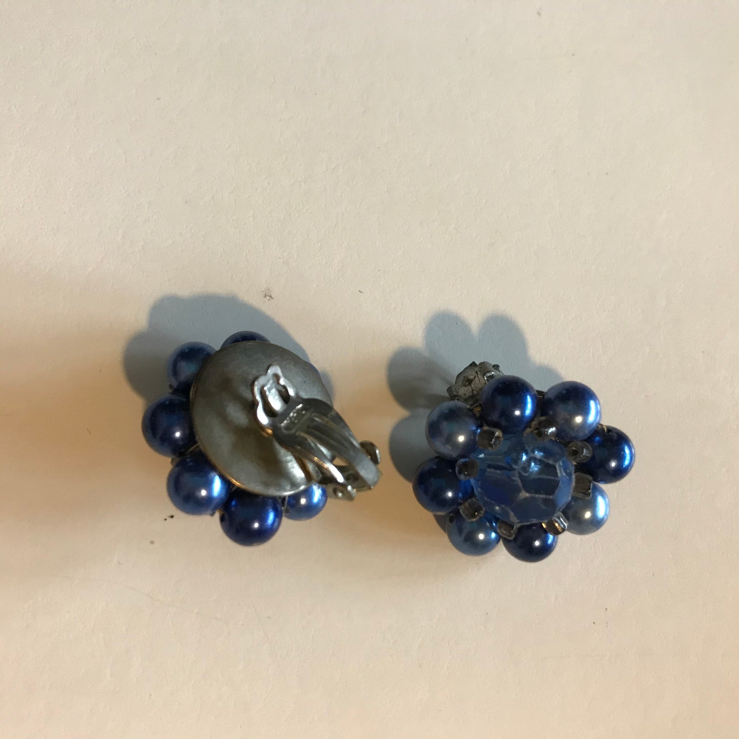 Shimmering Blue Bead Cluster Clip Earrings circa 1960s
