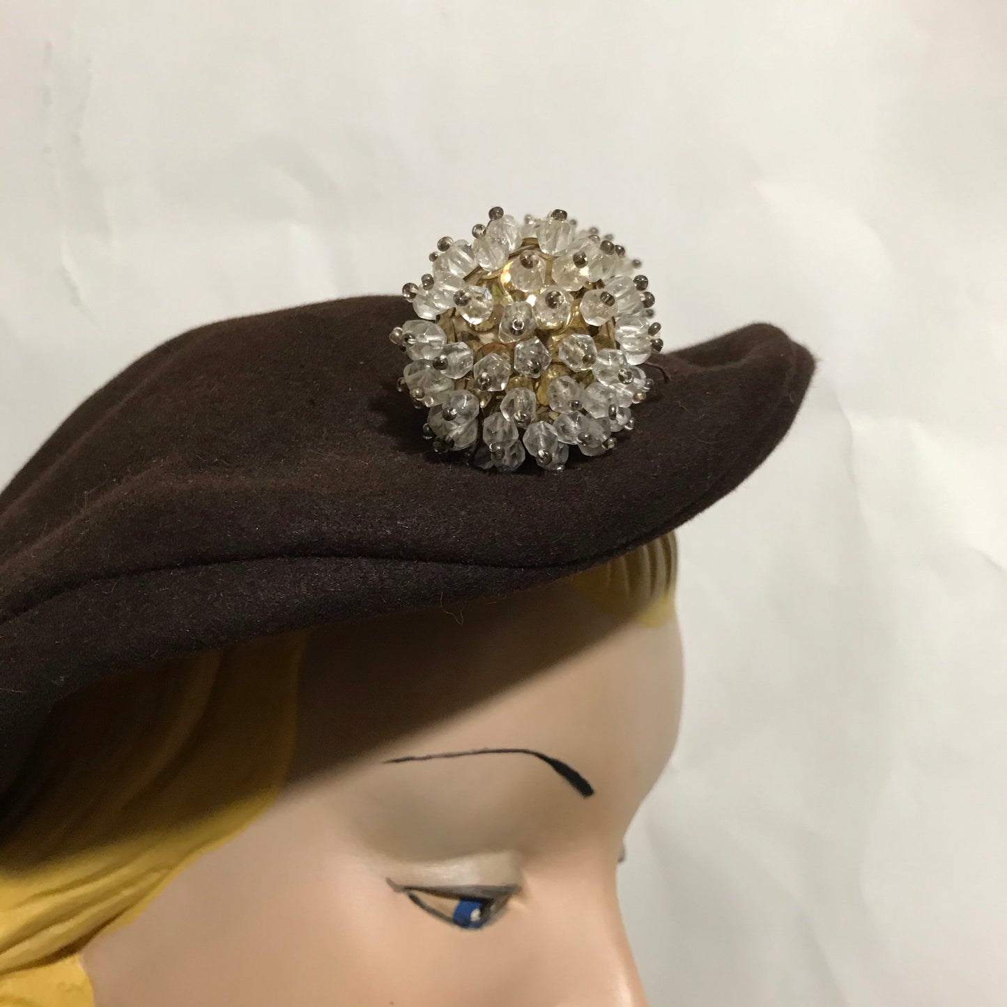 Crystal Spiked Ball Adorned Cocoa Felted Wool Sculpted Asymetrical Hat circa 1930s