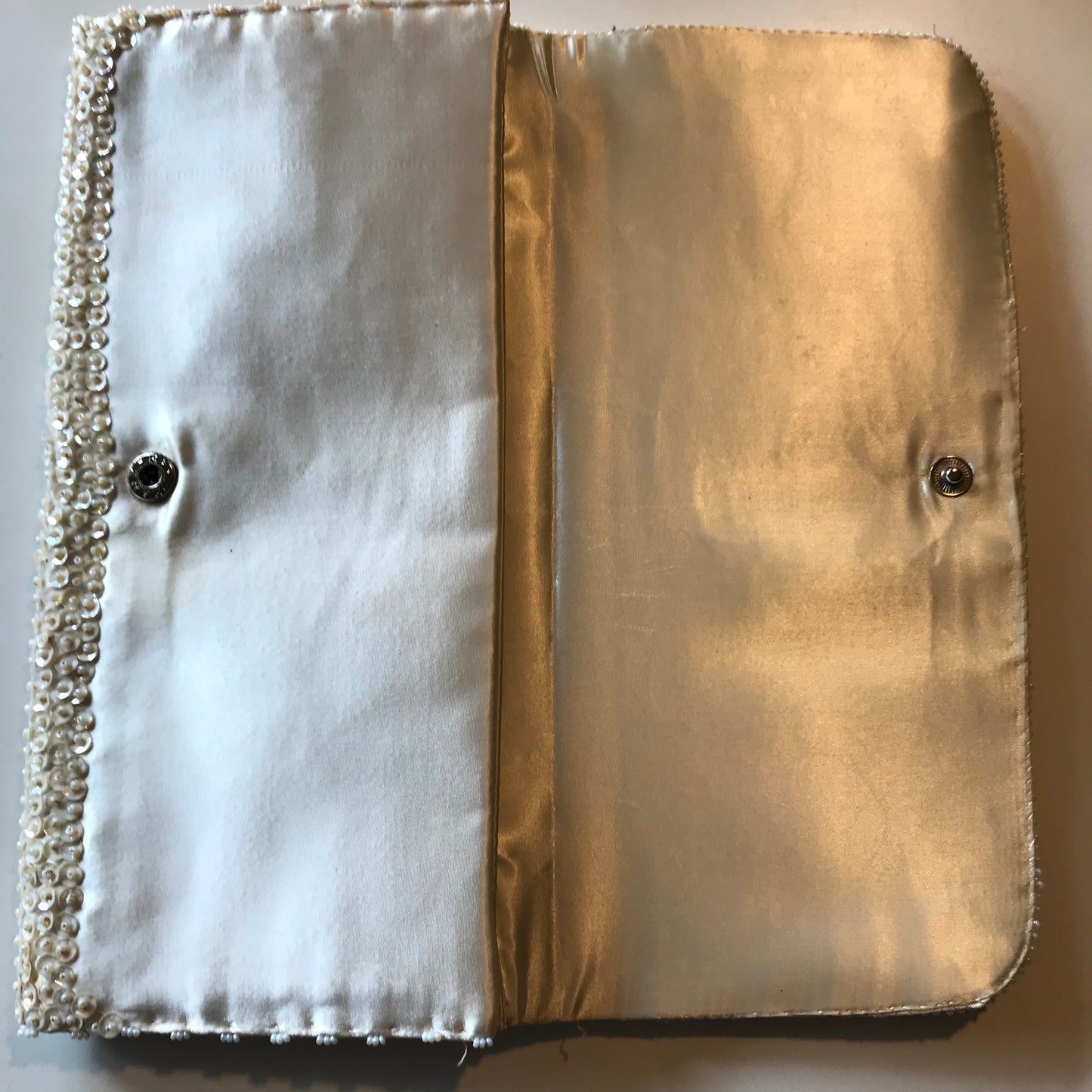 Sparkling Off-White Satin Beaded Envelope Style Clutch Handbag circa 1960s