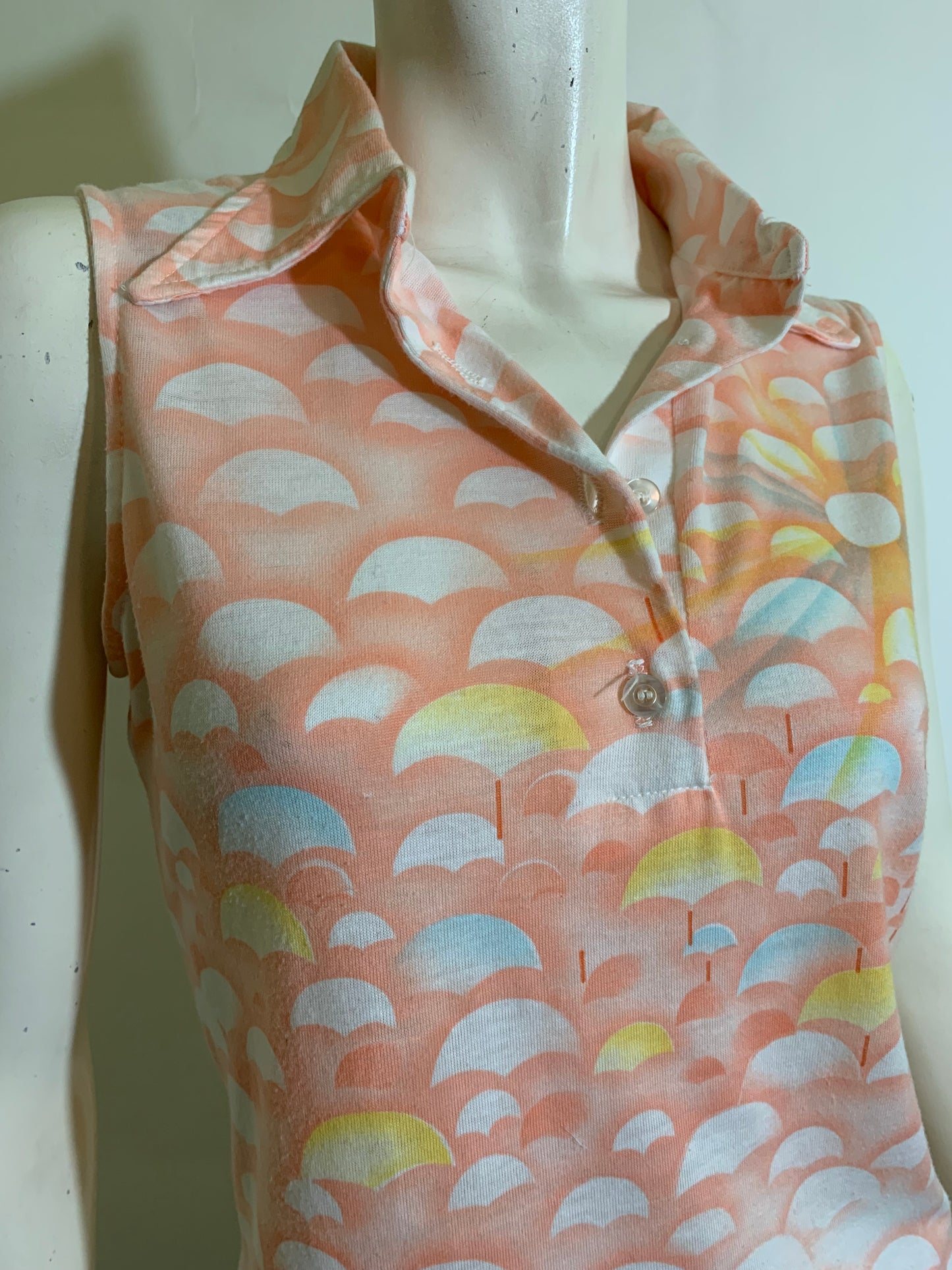 Sunny Rainbow on a Rainy Day Print Sleeveless Knit Shirt circa 1970s