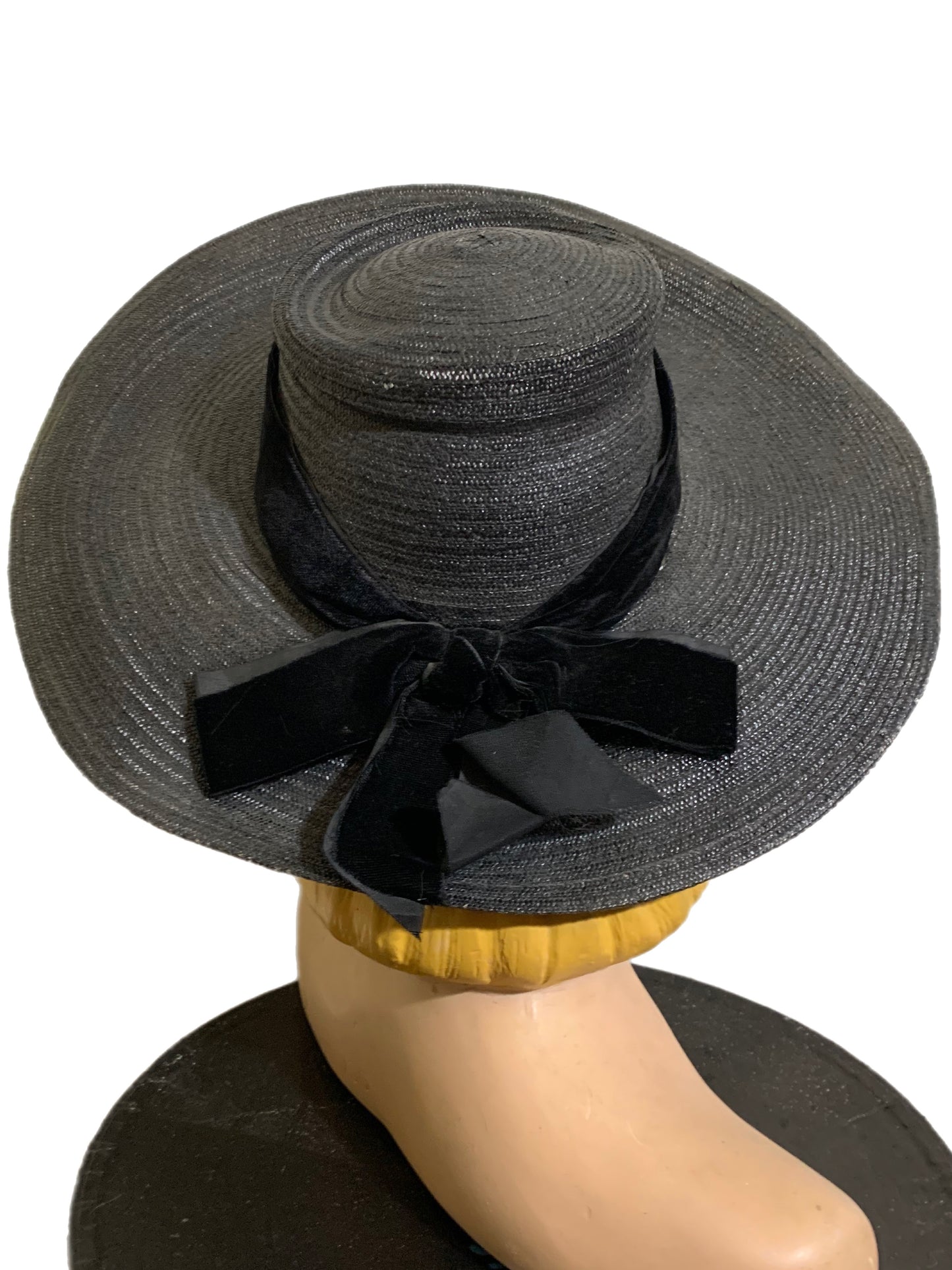 Panther Black Wide Brim Portrait Hat with Velvet Bow circa 1940s