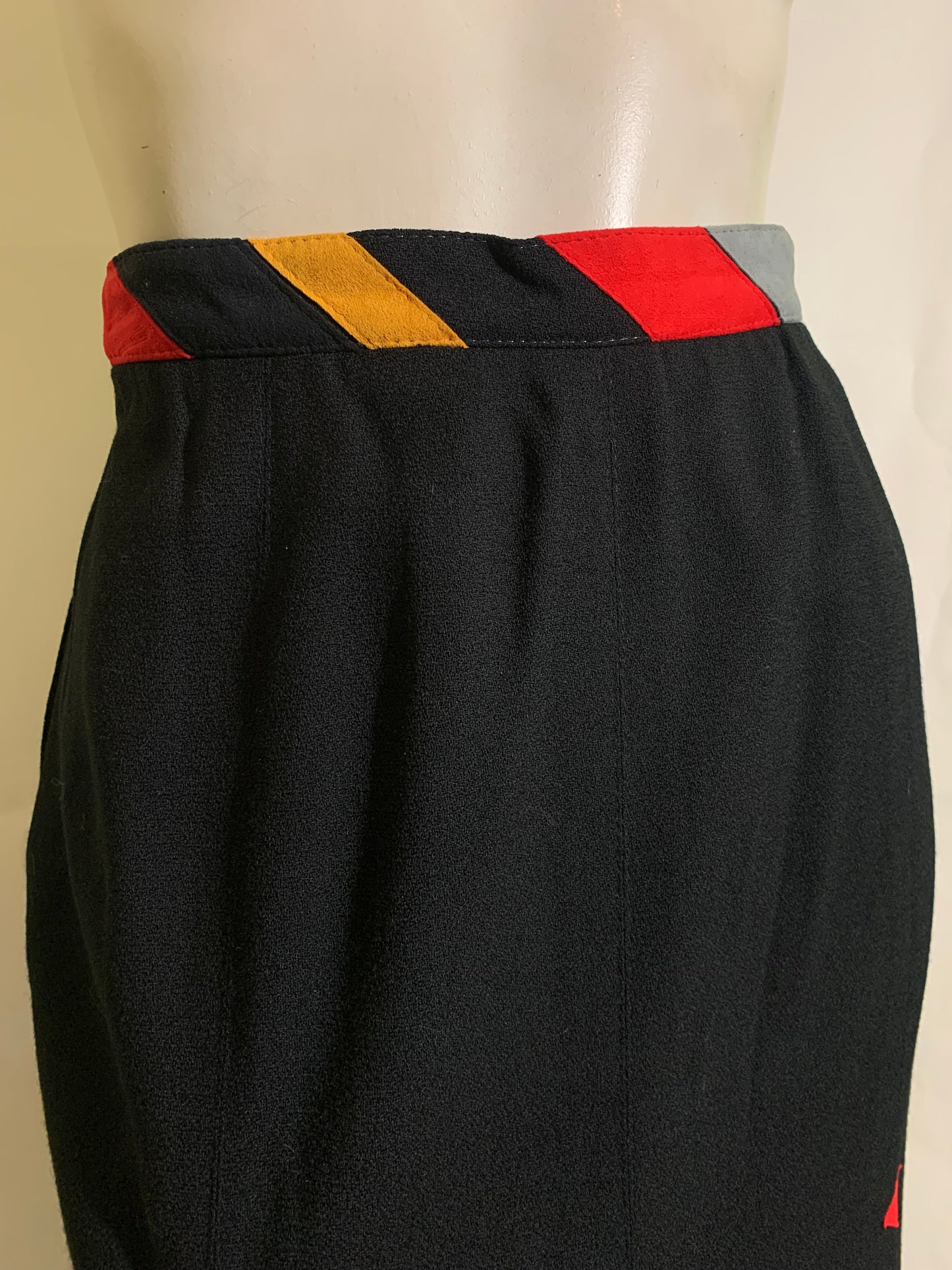 Black Wool Pencil Skirt with Red Pleats Rainbow Ultraseude Trim circa 1980s