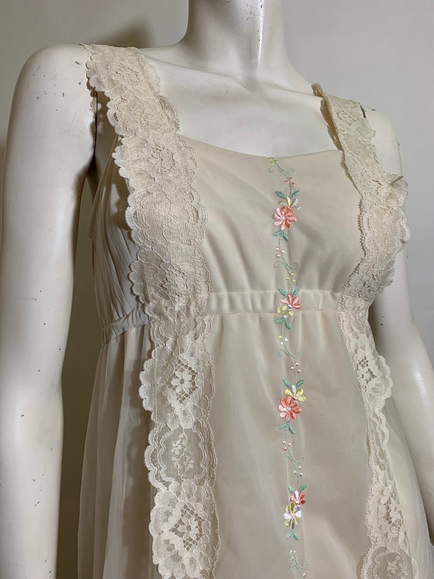 The Bridgerton- Peach Lace Front Empire Waist Nightgown circa 1970s