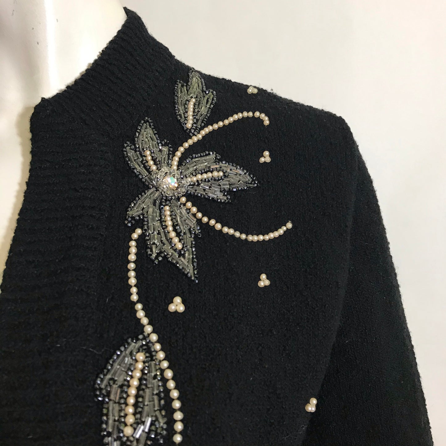 Black Knit Open Front Beaded Cardigan with Rhinestones circa 1940s